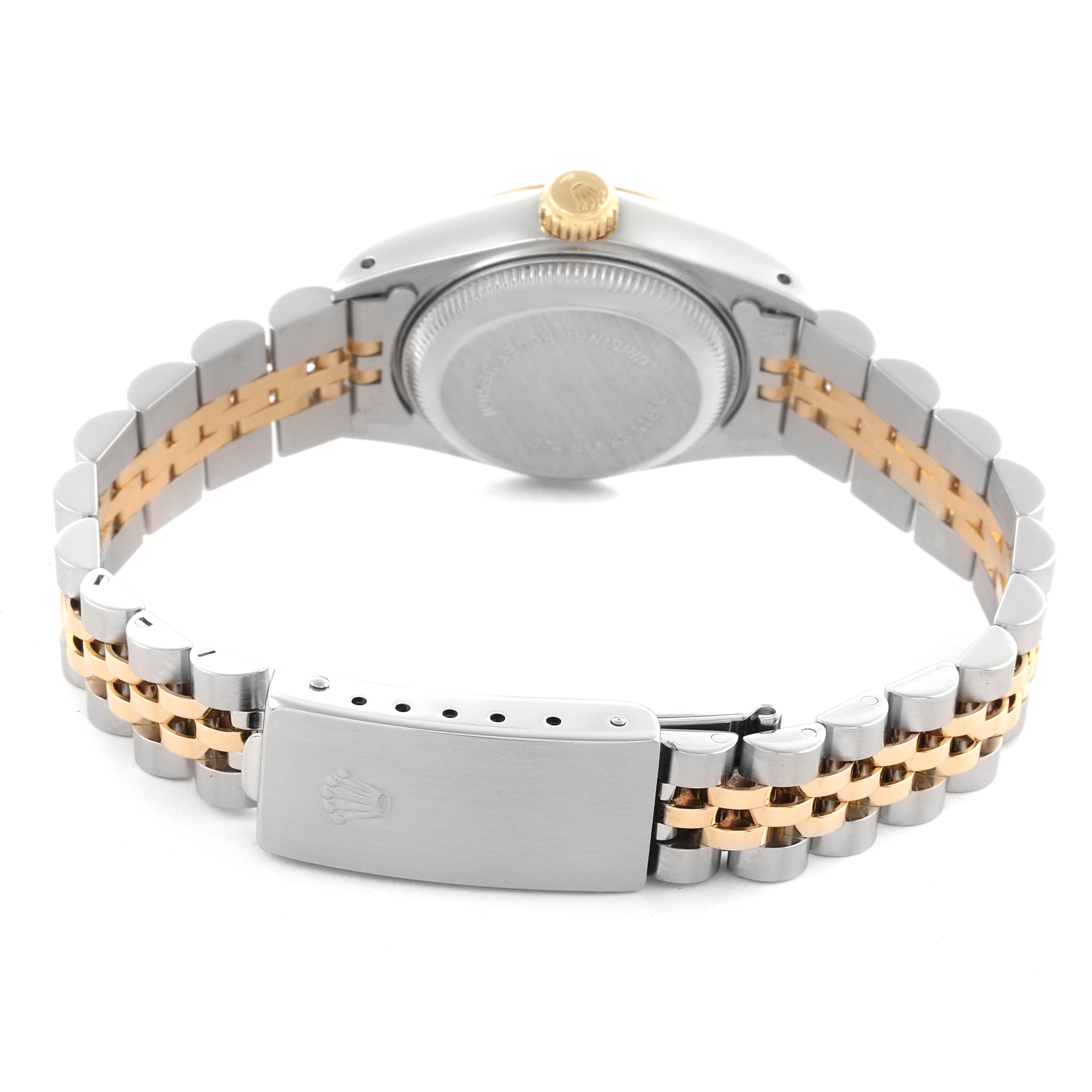 The image shows the back of the Rolex Datejust 69173 Women's Steel and Gold (two tone) Champagne Dial 69173 Women's Steel and Gold (two tone) Champagne Dial watch, highlighting the case back and two-tone bracelet.