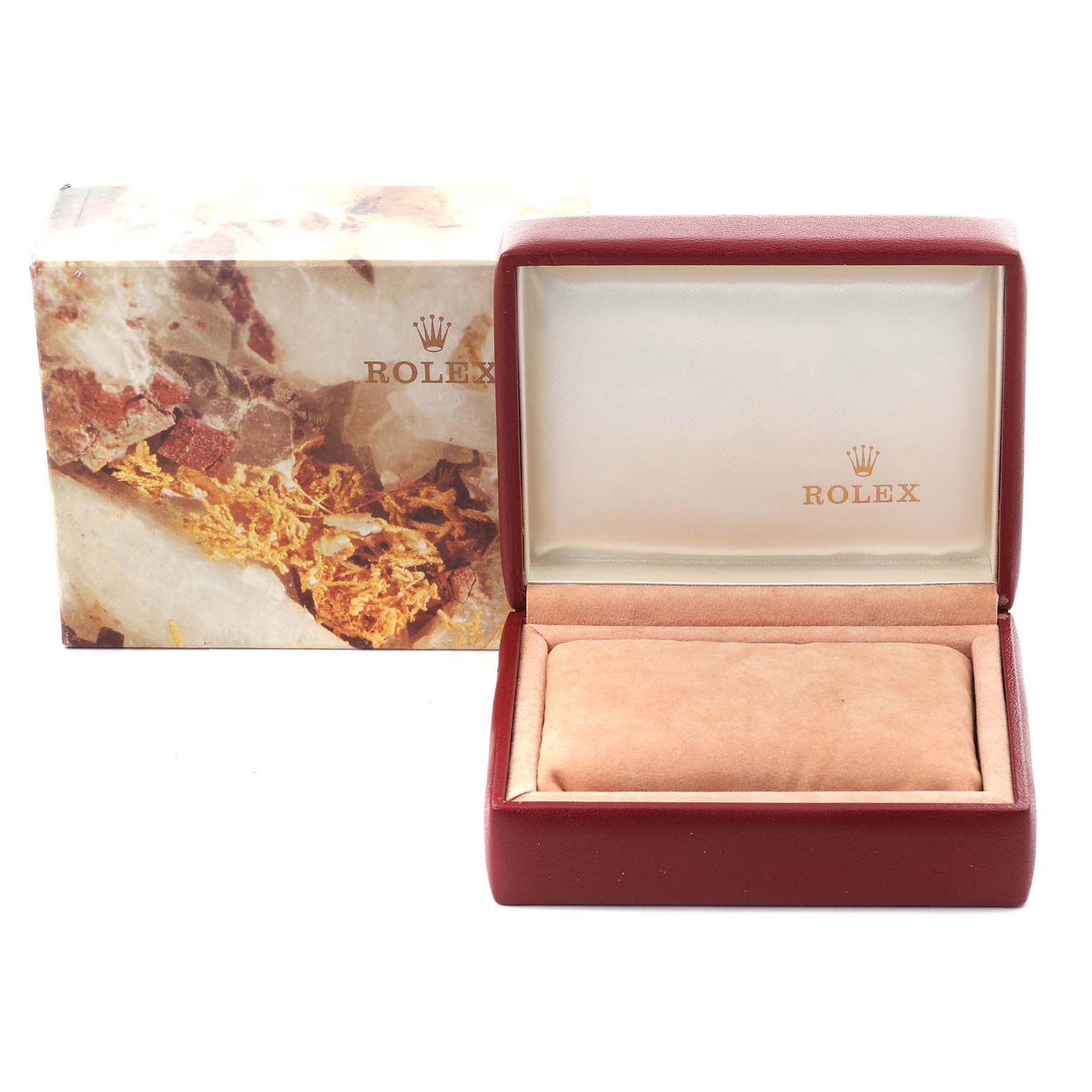 The image shows an empty Rolex Datejust 69173 Women's Steel and Gold (two tone) Champagne Dial 69173 Women's Steel and Gold (two tone) Champagne Dial watch box with a cushion, viewed from the front.