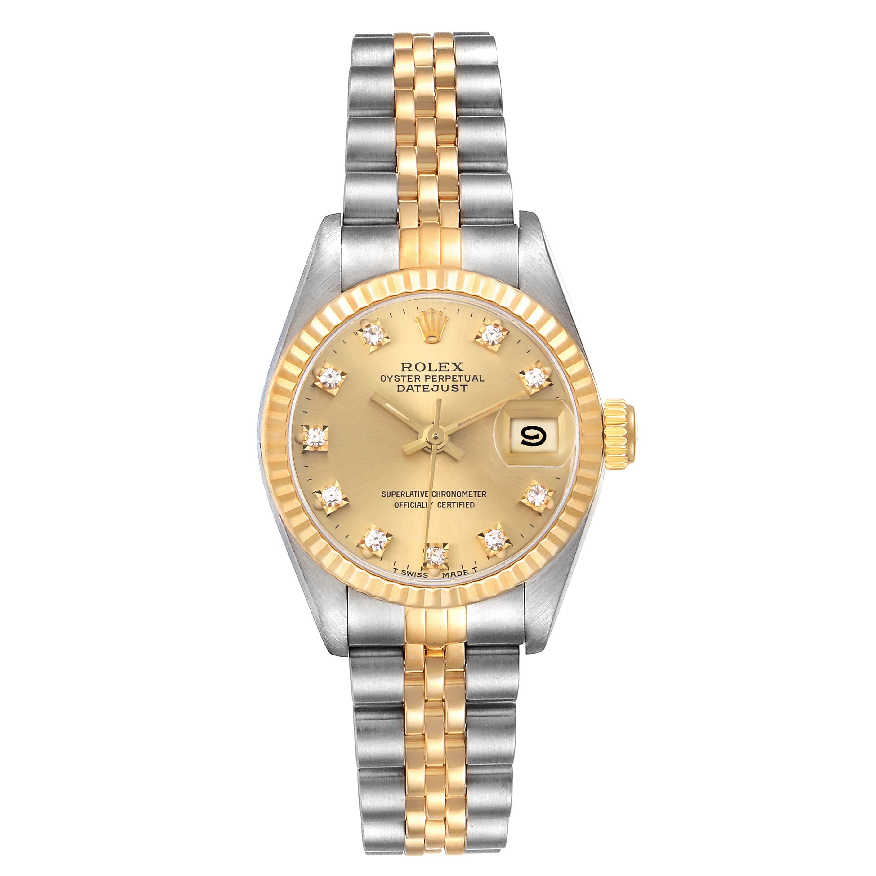 The Rolex Datejust 69173 Women's Steel and Gold (two tone) Champagne Dial 69173 Women's Steel and Gold (two tone) Champagne Dial watch is shown from the front, displaying the face, case, bezel, and bracelet.