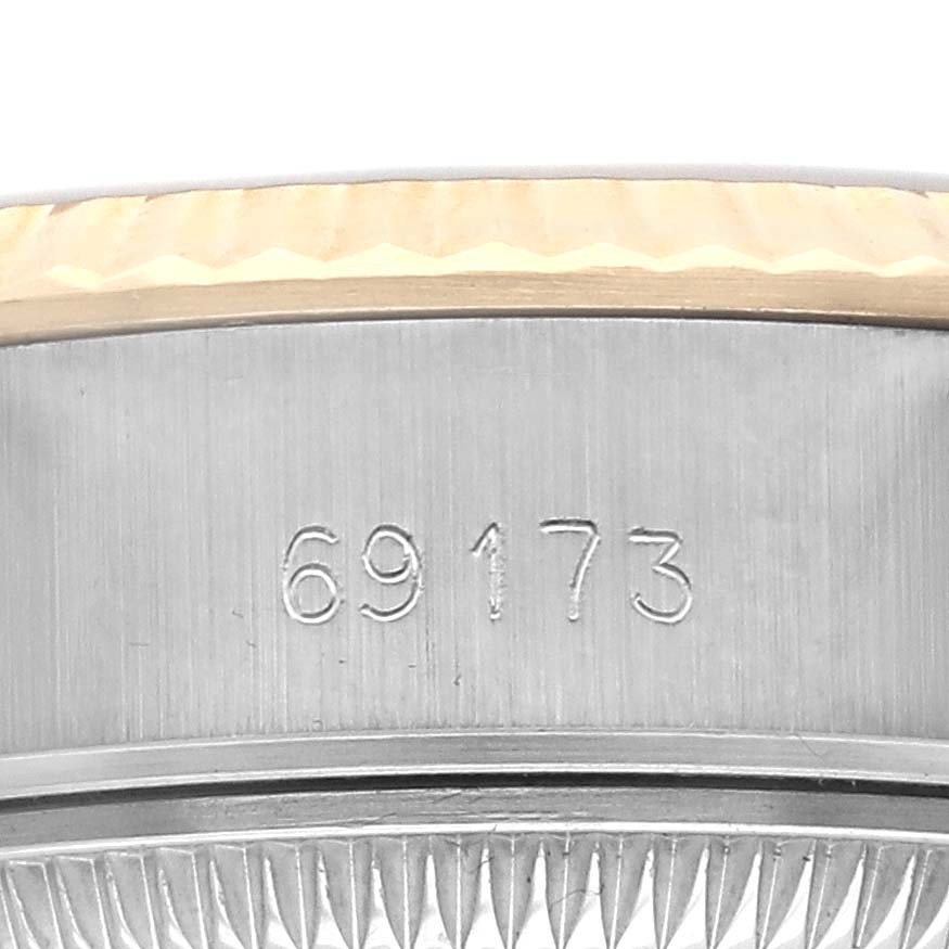 The image shows a close-up of the case side with the engraved model number "69173" on the Rolex Datejust 69173 Women's Steel and Gold (two tone) Champagne Dial 69173 Women's Steel and Gold (two tone) Champagne Dial.