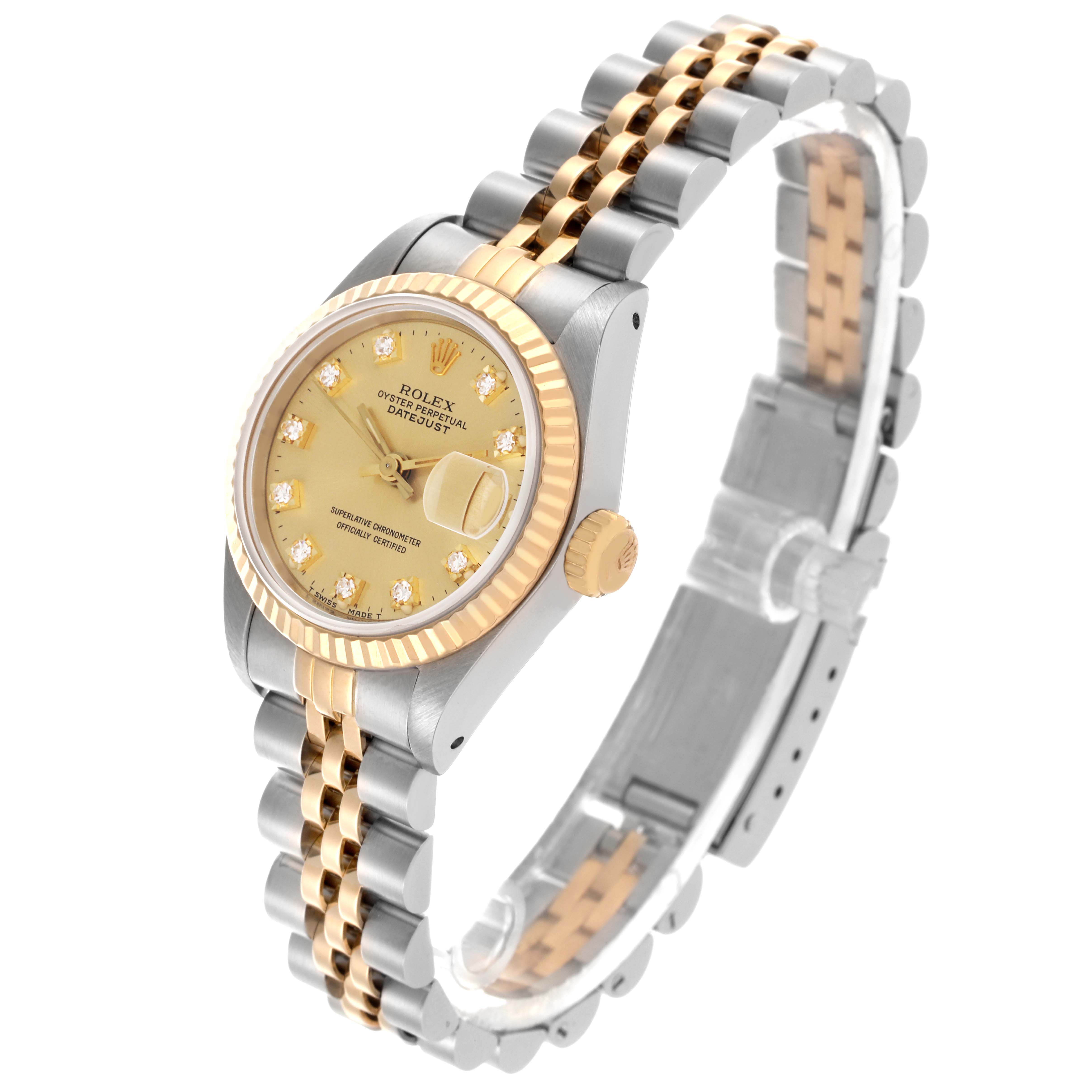 This Rolex Datejust 69173 Women's Steel and Gold (two tone) Champagne Dial 69173 Women's Steel and Gold (two tone) Champagne Dial is shown at a slight angle, highlighting its dial, bezel, bracelet, and crown.