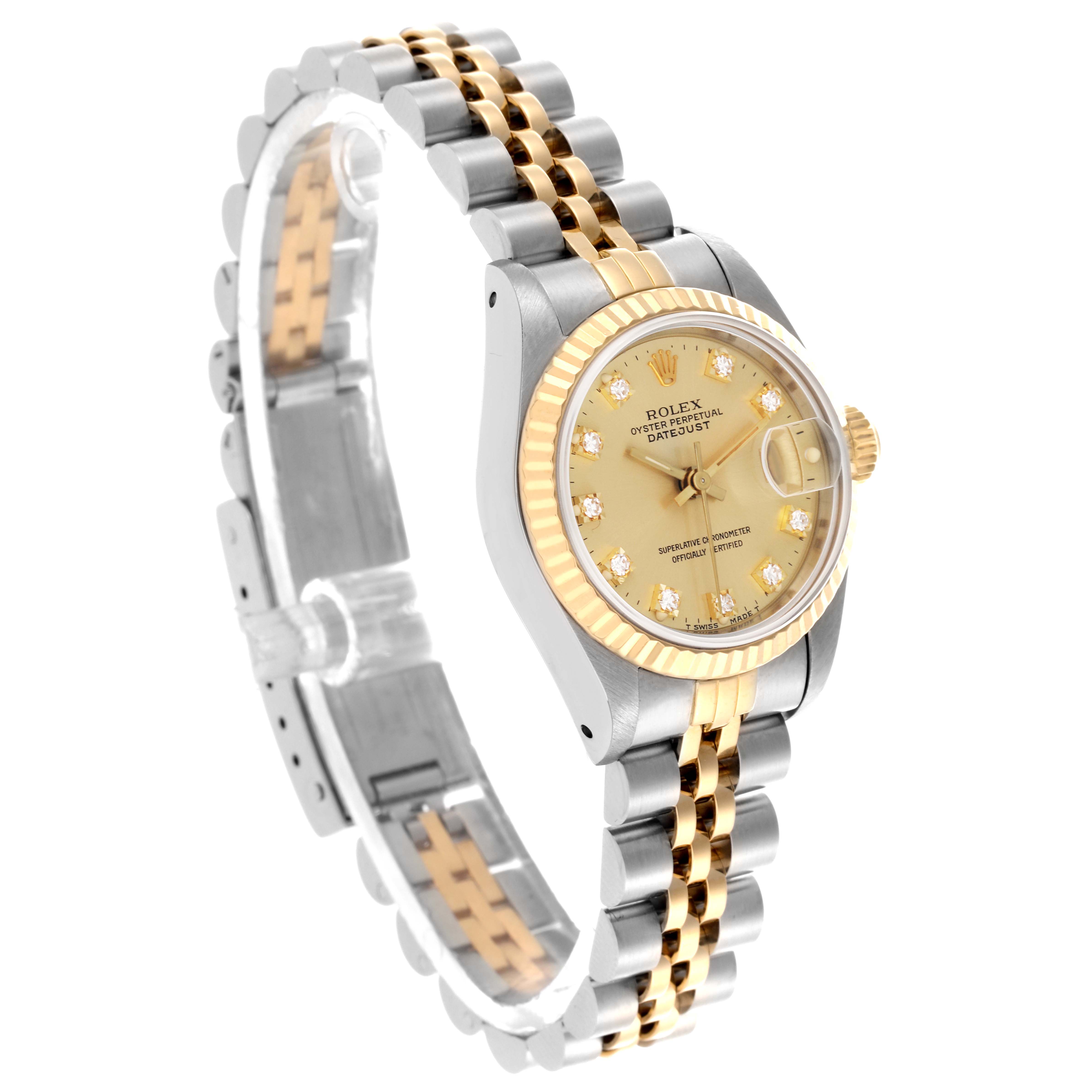 The Rolex Datejust 69173 Women's Steel and Gold (two tone) Champagne Dial 69173 Women's Steel and Gold (two tone) Champagne Dial watch is shown at a three-quarter angle, highlighting the bezel, dial, and two-tone bracelet.