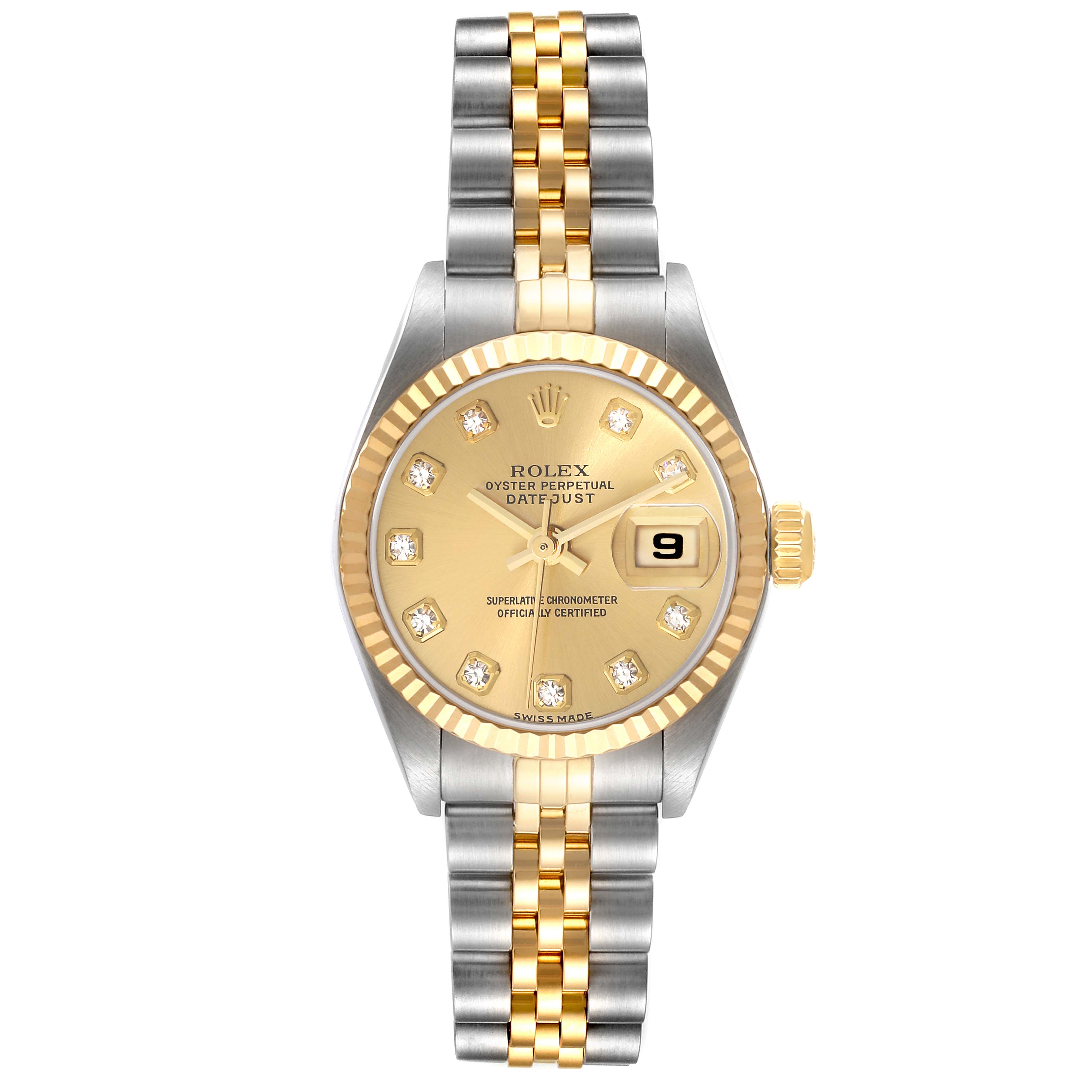 The image shows a front view of the Rolex Datejust 79173 Women's Steel and Gold (two tone) Champagne Dial 79173 Women's Steel and Gold (two tone) Champagne Dial watch, highlighting its dial, bezel, and two-tone bracelet.
