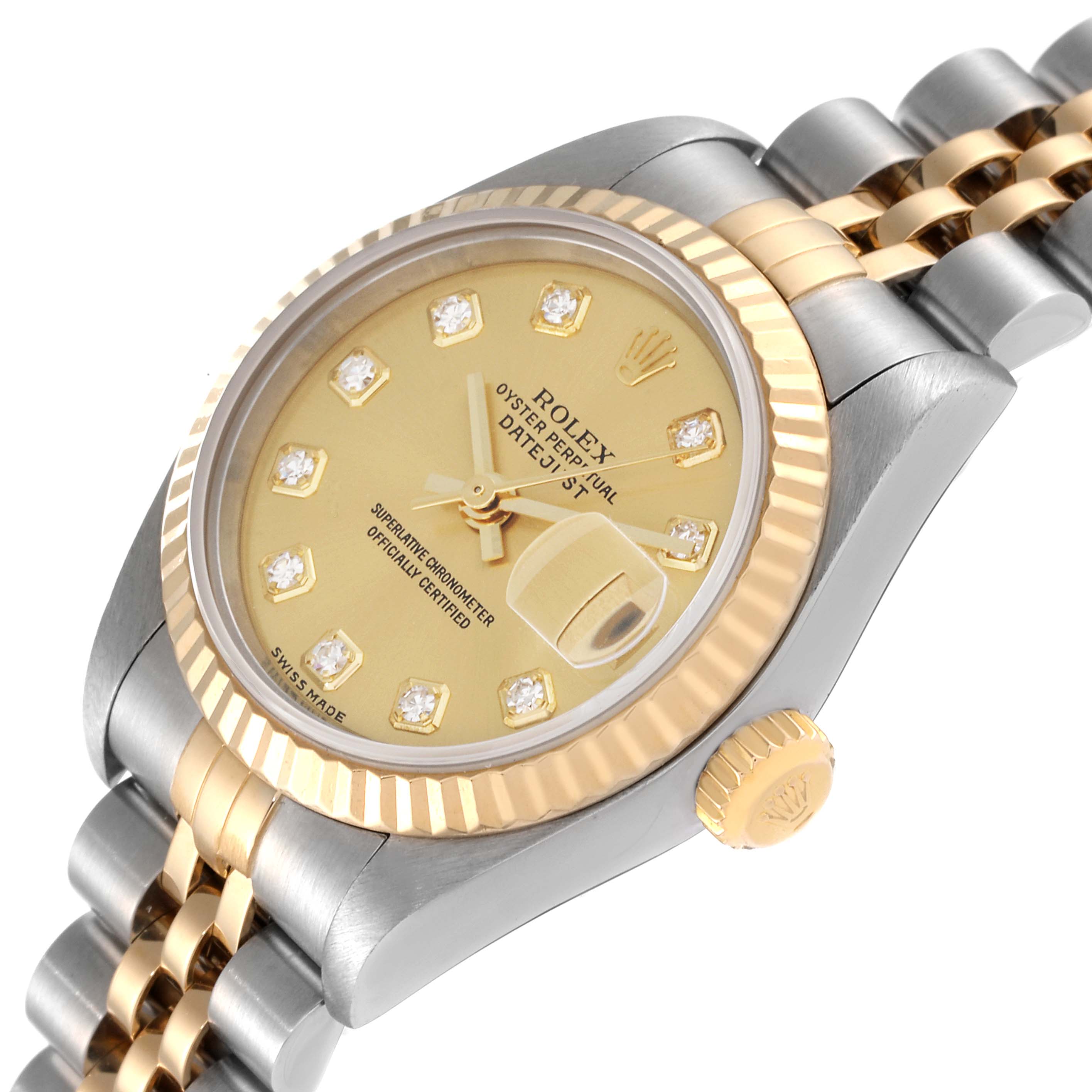 The image shows a Rolex Datejust 79173 Women's Steel and Gold (two tone) Champagne Dial 79173 Women's Steel and Gold (two tone) Champagne Dial watch at an angle, highlighting the dial, bezel, crown, and part of the bracelet.