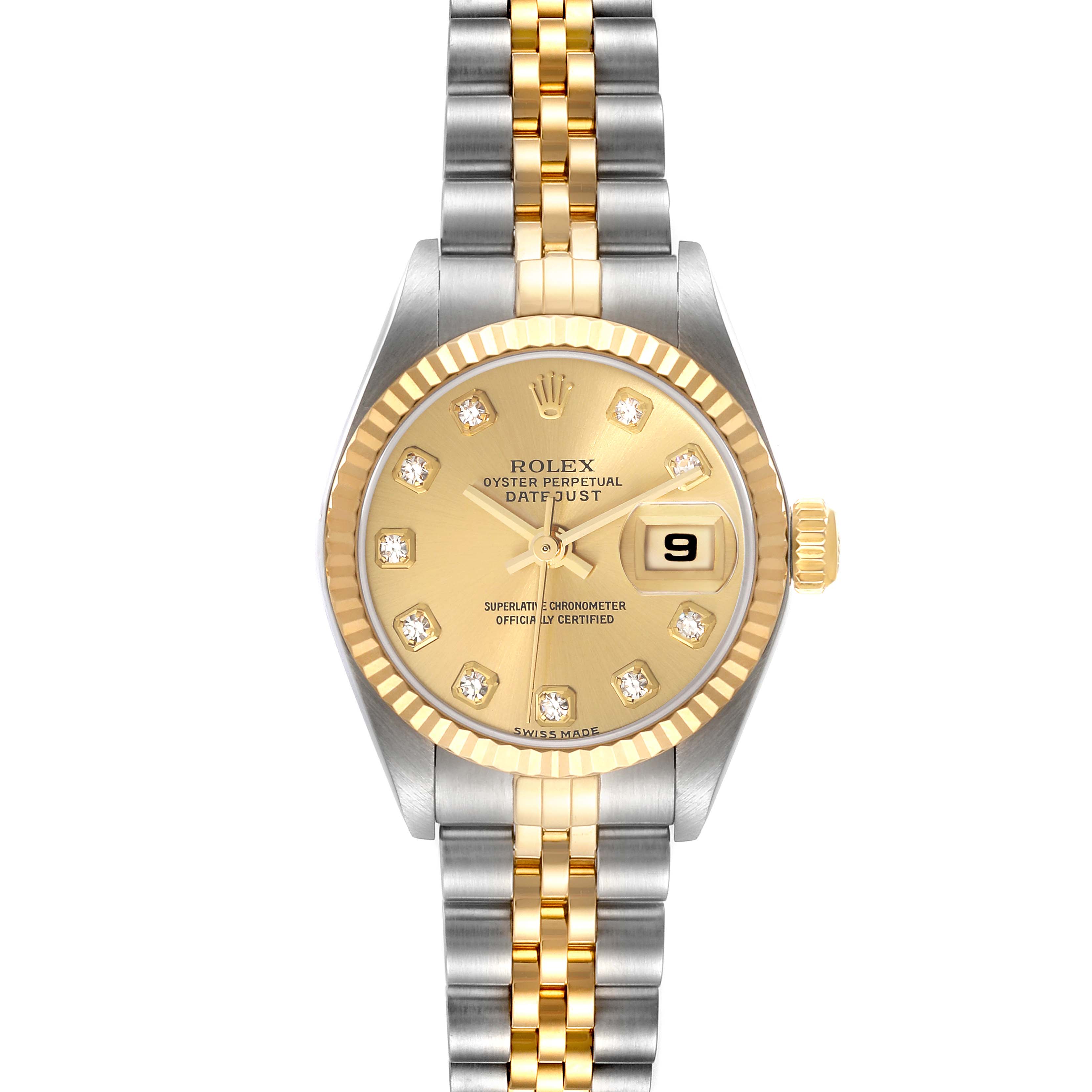 This image shows a front view of a Rolex Datejust 79173 Women's Steel and Gold (two tone) Champagne Dial 79173 Women's Steel and Gold (two tone) Champagne Dial watch featuring a gold dial, fluted bezel, and two-tone bracelet.