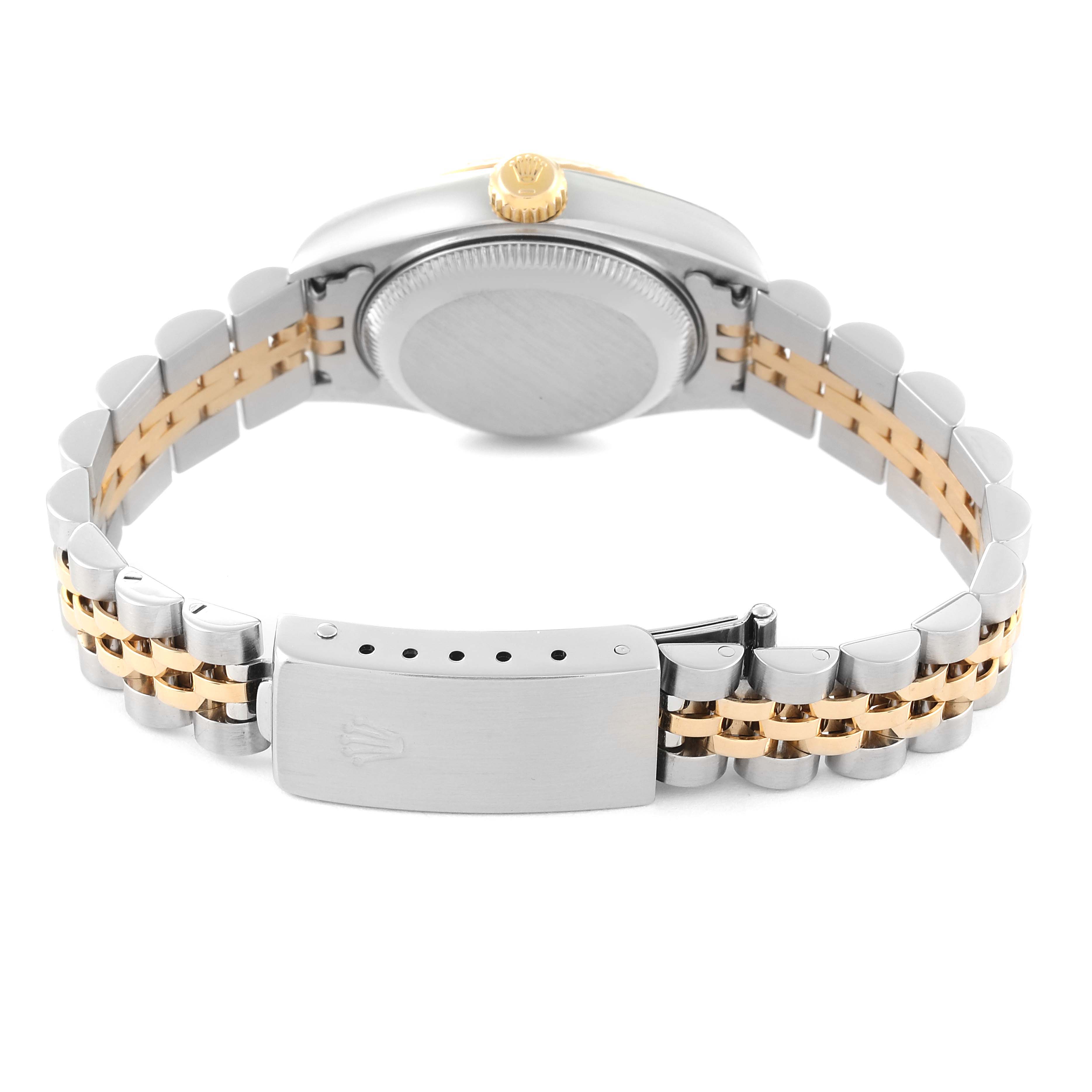 This image shows the back and bracelet of a Rolex Datejust 79173 Women's Steel and Gold (two tone) Champagne Dial 79173 Women's Steel and Gold (two tone) Champagne Dial watch, highlighting the clasp and two-tone metal links.