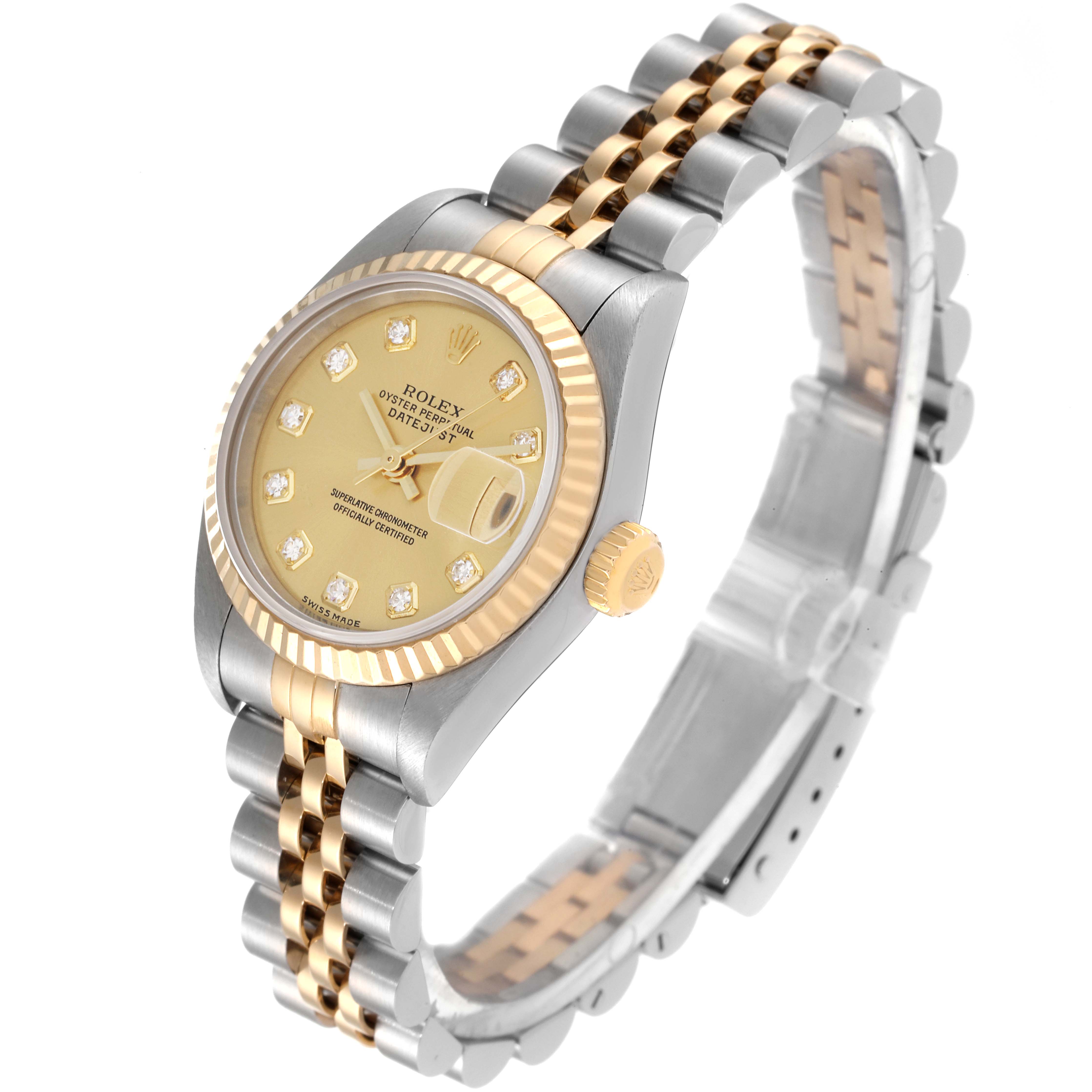 This image shows a Rolex Datejust 79173 Women's Steel and Gold (two tone) Champagne Dial 79173 Women's Steel and Gold (two tone) Champagne Dial watch at a slight angle, highlighting the dial, bezel, crown, and two-tone bracelet.
