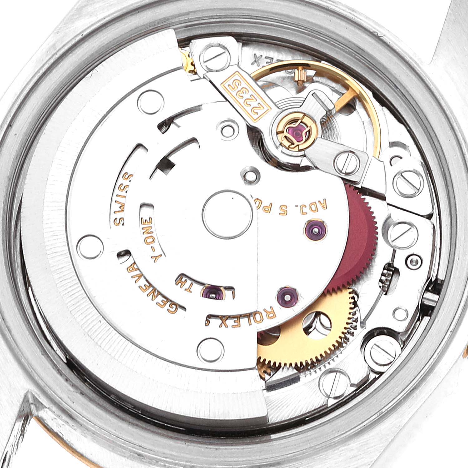 The image shows the internal mechanical movement of a Rolex Datejust 79173 Women's Steel and Gold (two tone) Champagne Dial 79173 Women's Steel and Gold (two tone) Champagne Dial watch from a top-down angle.