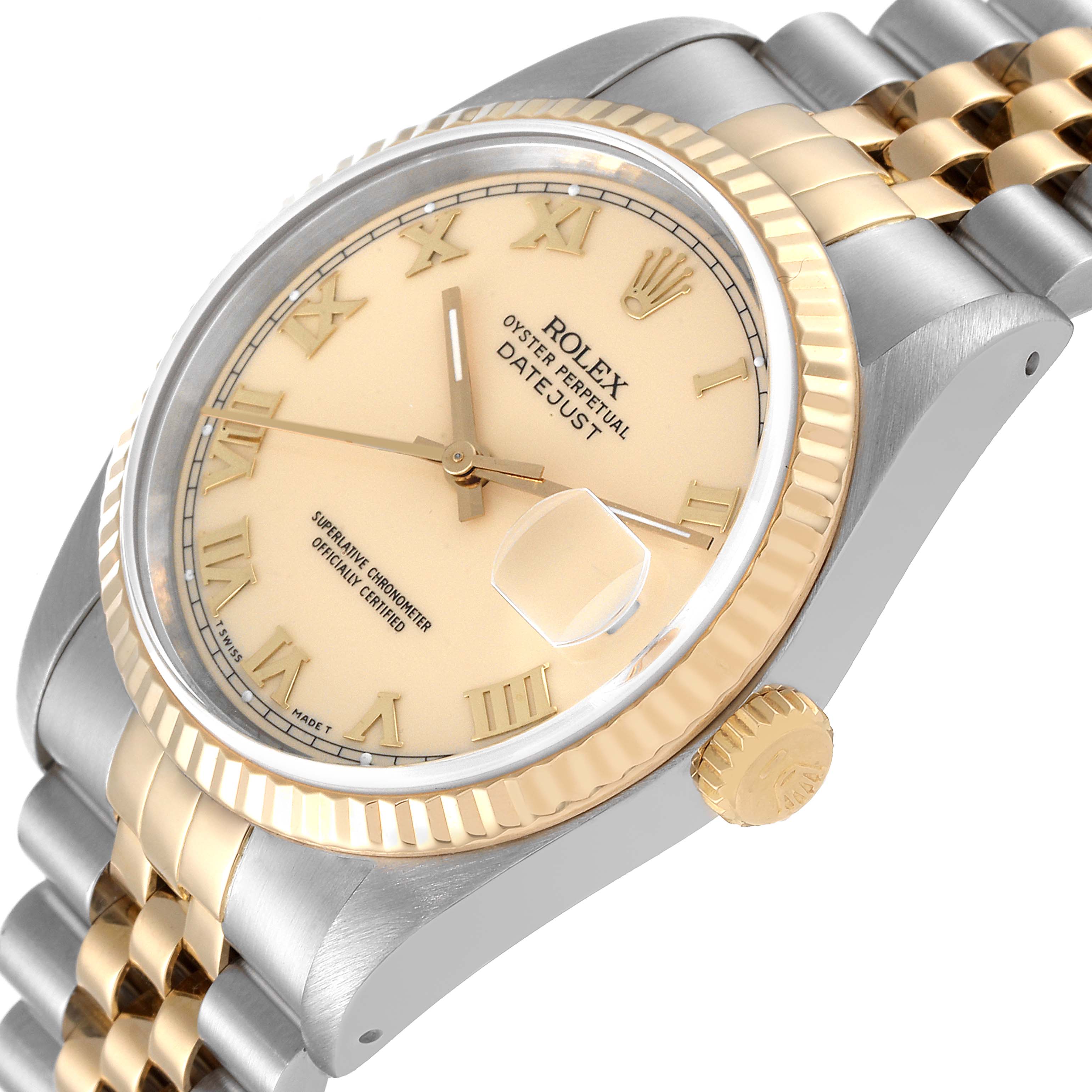 The image shows a Rolex Datejust 16233 Men's Steel and Gold (two tone) Beige Dial 16233 Men's Steel and Gold (two tone) Beige Dial watch at a slight angle, highlighting the dial, fluted bezel, and part of the jubilee bracelet.