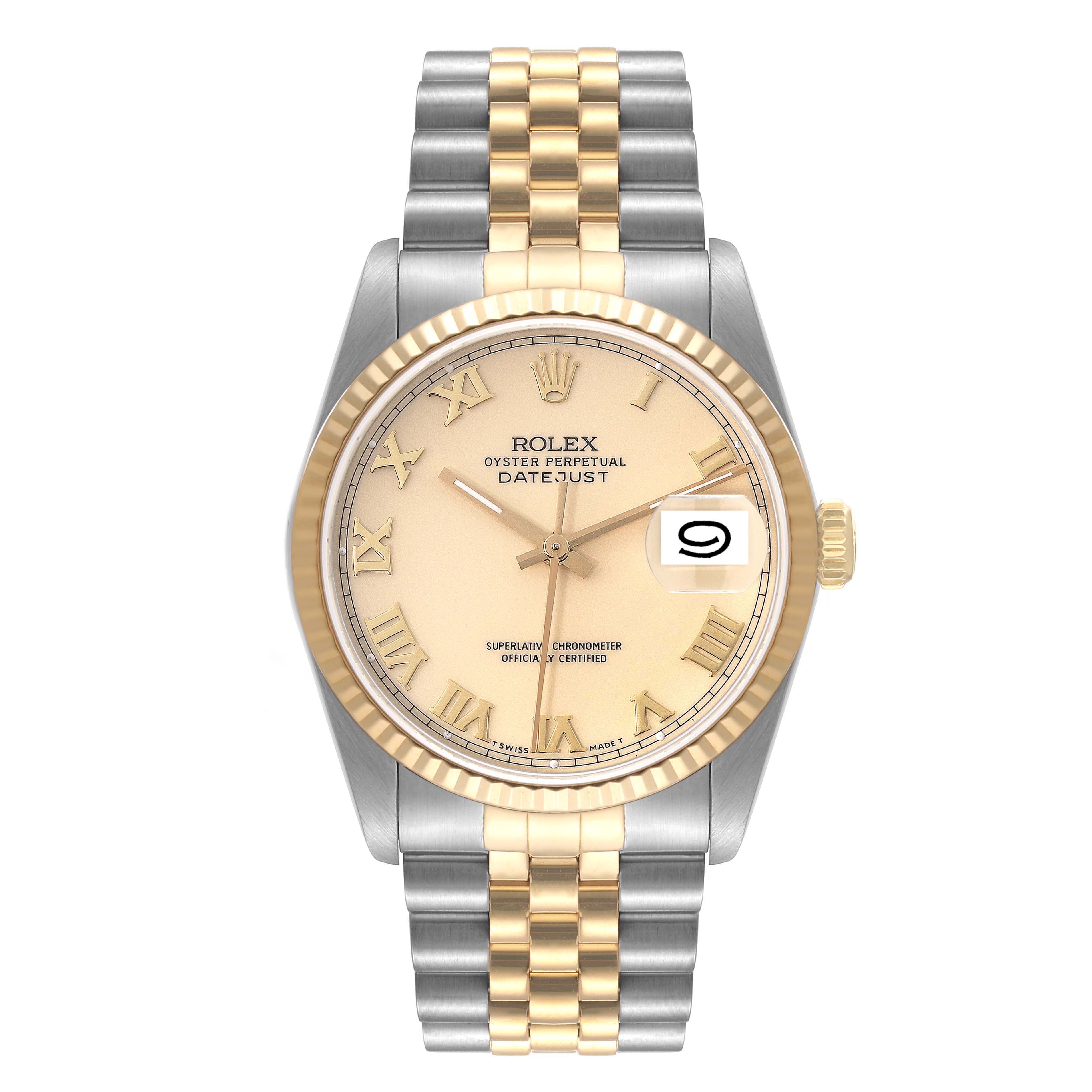 This is a frontal view of the Rolex Datejust 16233 Men's Steel and Gold (two tone) Beige Dial 16233 Men's Steel and Gold (two tone) Beige Dial model watch, showing the dial, bezel, crown, and bracelet.