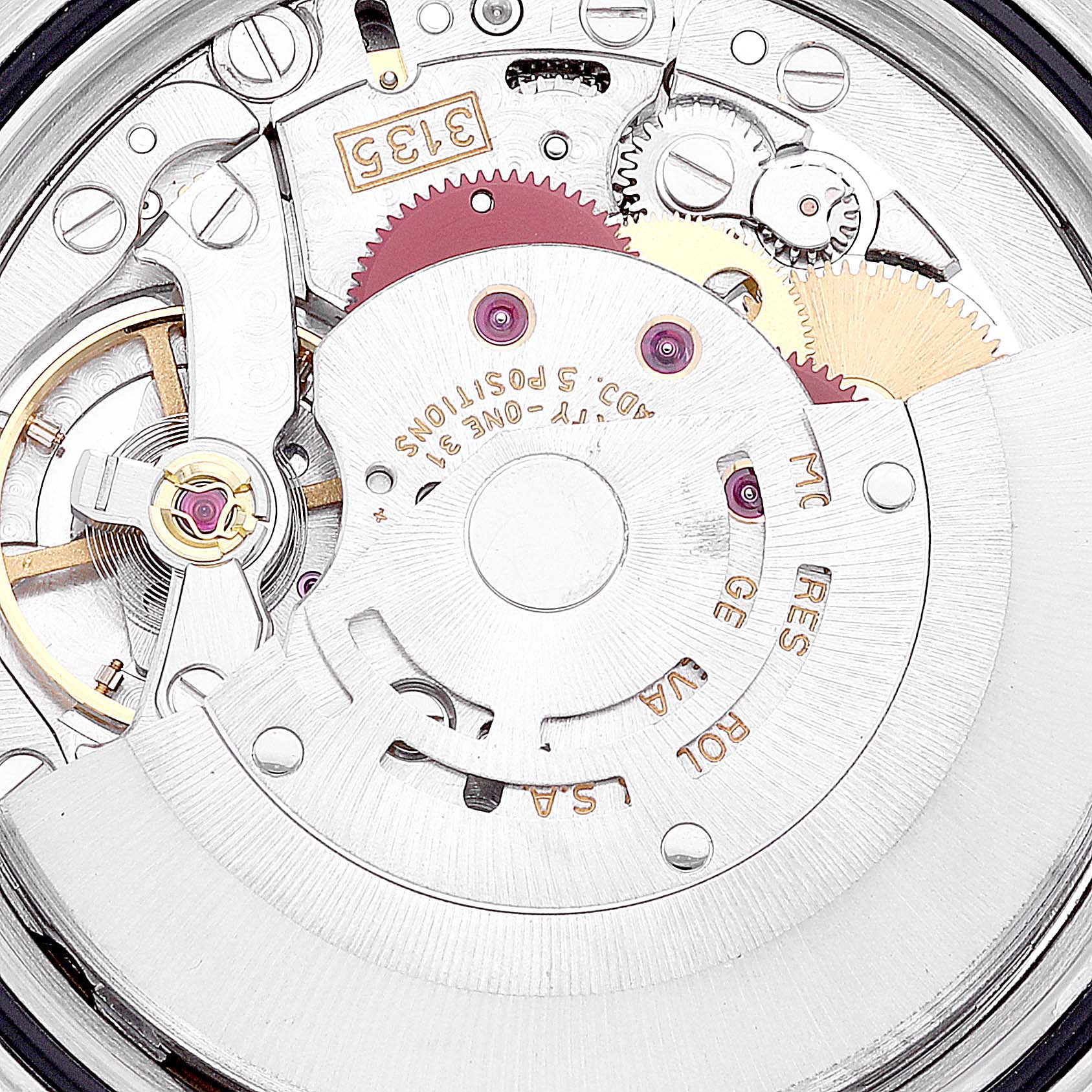 This image shows the intricate internal movement of a Rolex Datejust 16233 Men's Steel and Gold (two tone) Beige Dial 16233 Men's Steel and Gold (two tone) Beige Dial watch, highlighting gears and balance wheel components.