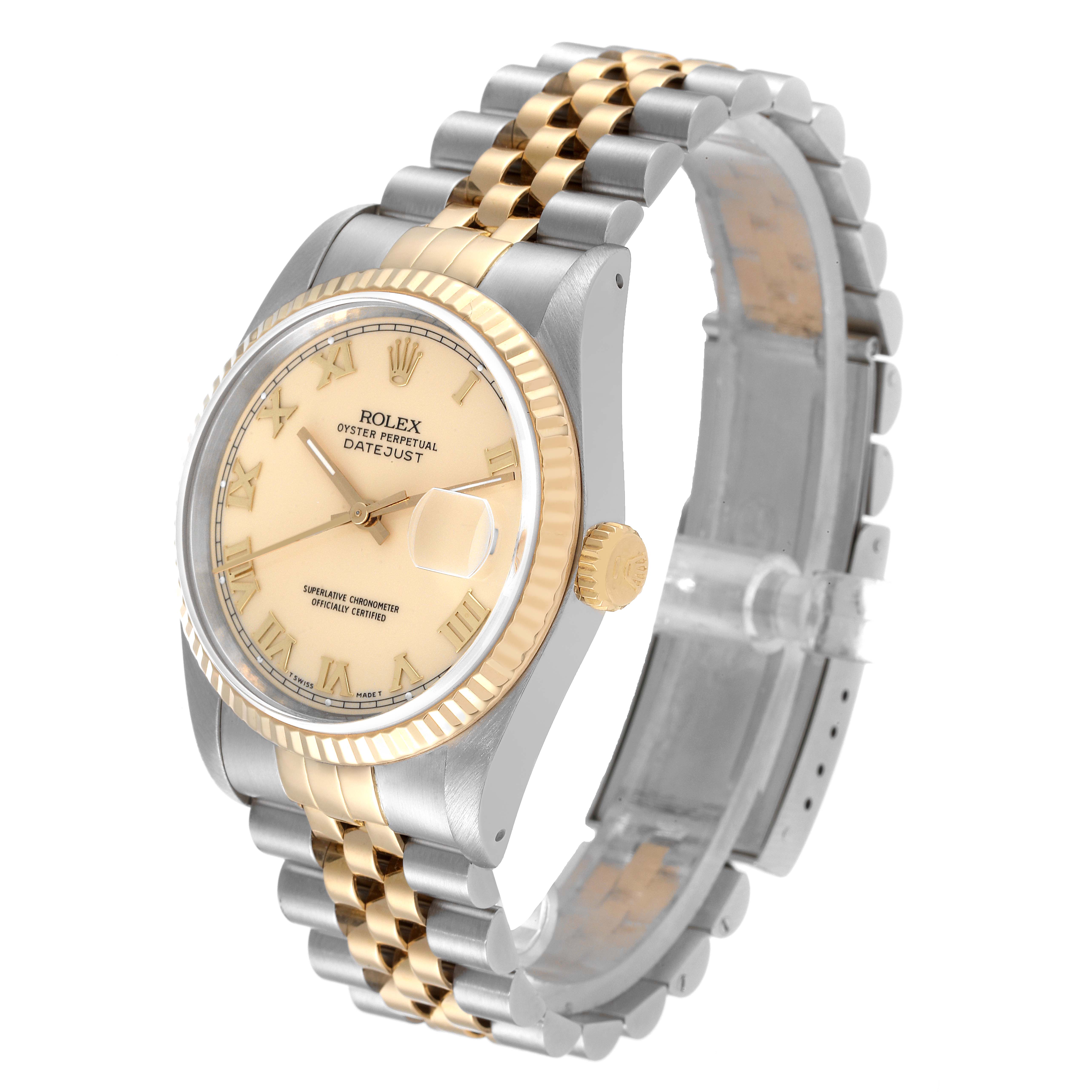 The image shows a Rolex Datejust 16233 Men's Steel and Gold (two tone) Beige Dial 16233 Men's Steel and Gold (two tone) Beige Dial watch at a slight side angle, revealing the face, bezel, crown, and two-tone bracelet.