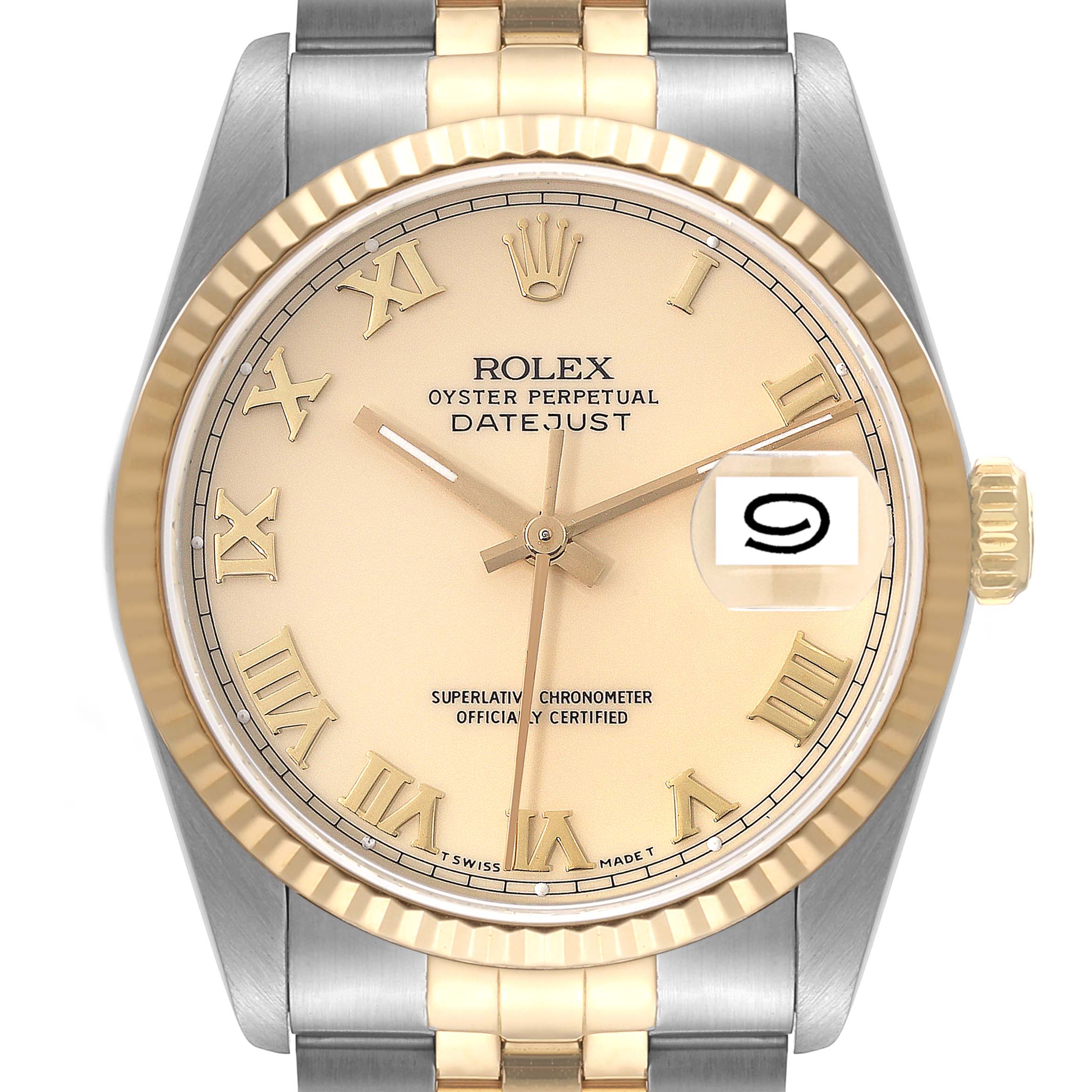 This image shows the face and part of the bracelet of a Rolex Datejust 16233 Men's Steel and Gold (two tone) Beige Dial 16233 Men's Steel and Gold (two tone) Beige Dial watch, featuring a gold bezel and Roman numeral markers.