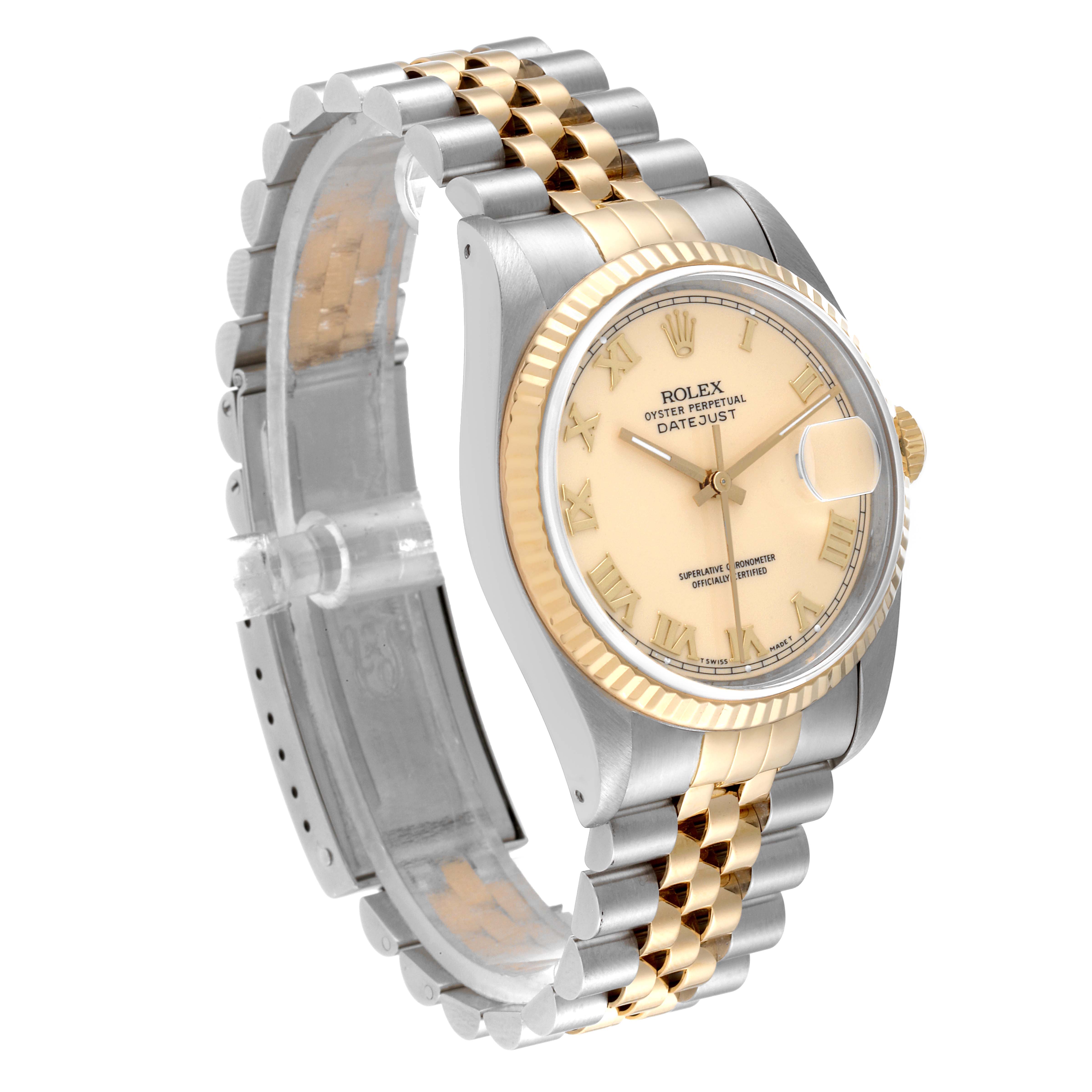 The Rolex Datejust 16233 Men's Steel and Gold (two tone) Beige Dial 16233 Men's Steel and Gold (two tone) Beige Dial watch is shown at a slight angle, highlighting its face, two-tone bezel, and bracelet.