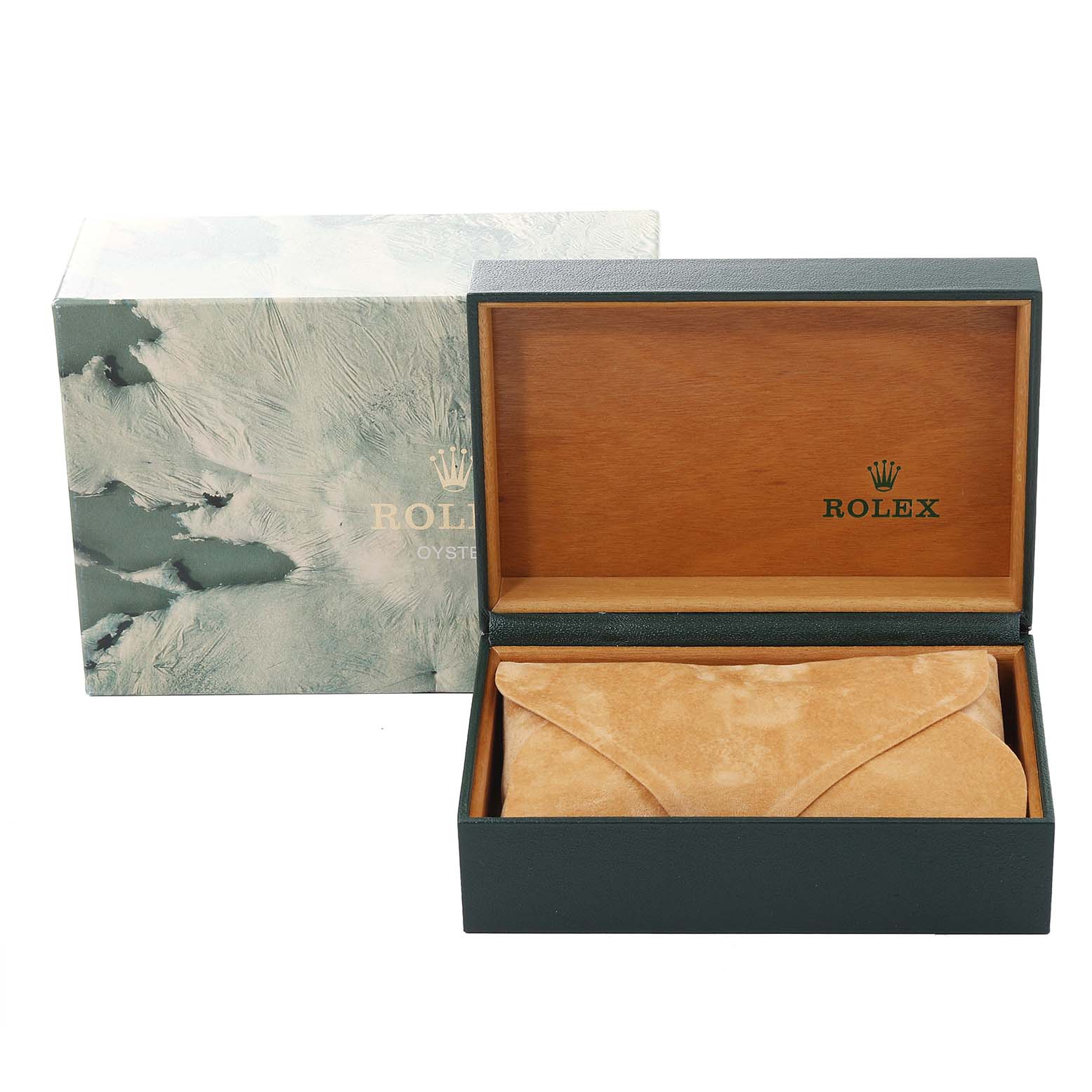This image shows the open Rolex Datejust 16233 Men's Steel and Gold (two tone) Beige Dial 16233 Men's Steel and Gold (two tone) Beige Dial watch box with a green outer box and a tan suede pouch inside.