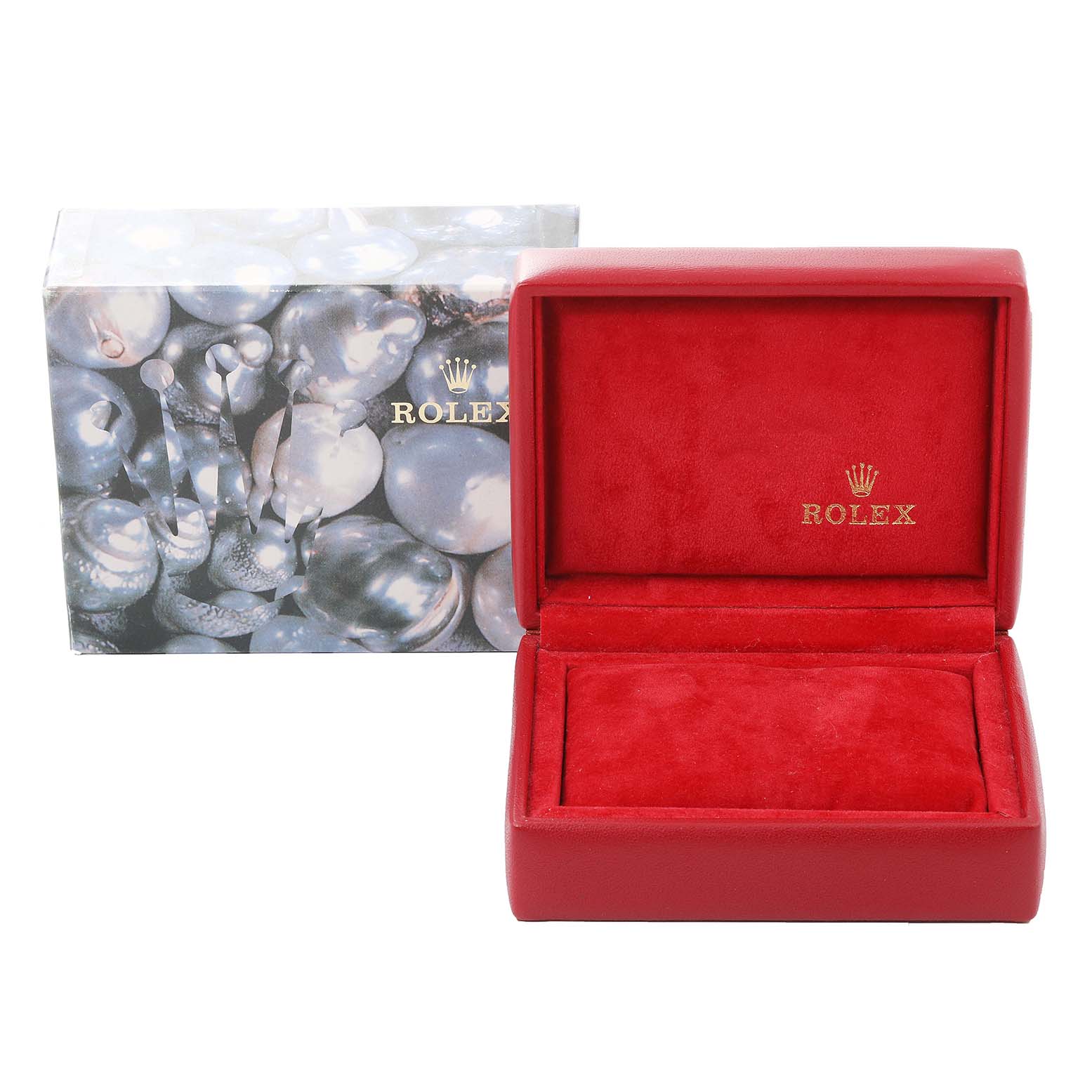 The image shows an opened red Rolex watch box, designed for the Datejust model, and its outer protective case.