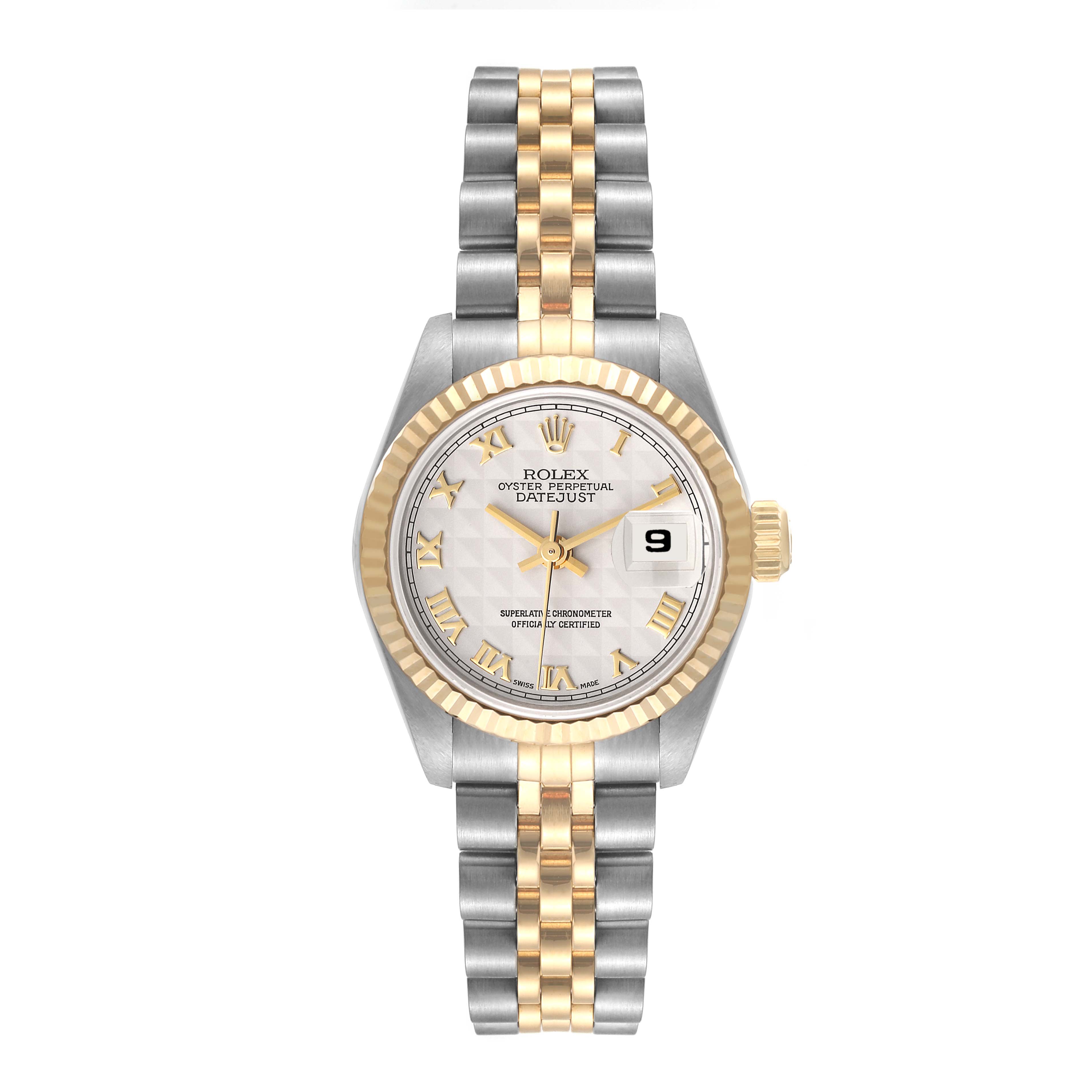 The Rolex Datejust 69173 Women's Steel and Gold (two tone) Beige Dial 69173 Women's Steel and Gold (two tone) Beige Dial watch is shown from a straight-on angle, featuring the dial, bezel, crown, and full bracelet.