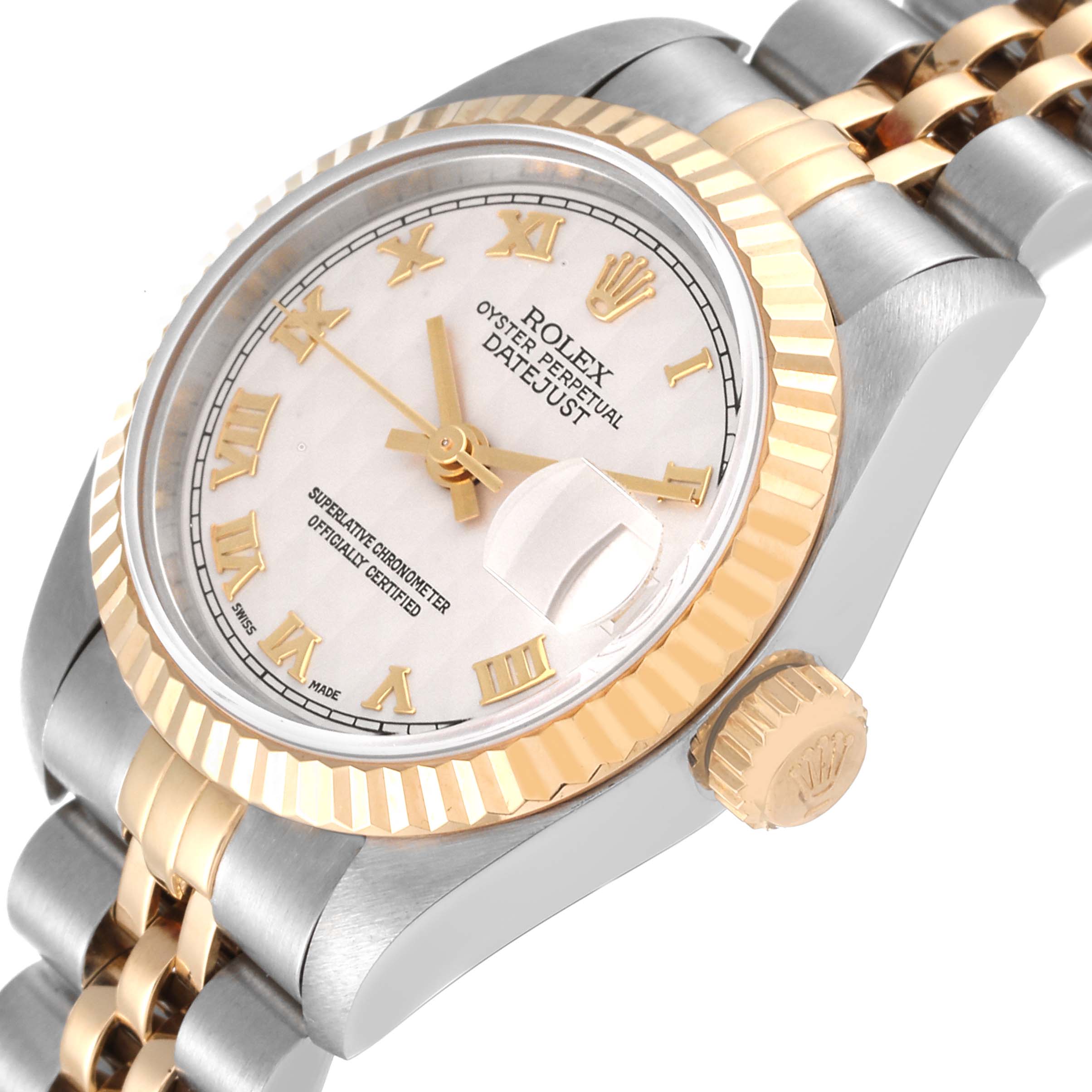 The Rolex Datejust 69173 Women's Steel and Gold (two tone) Beige Dial 69173 Women's Steel and Gold (two tone) Beige Dial watch is shown at a slight angle, highlighting the dial, fluted bezel, crown, and part of the jubilee bracelet.