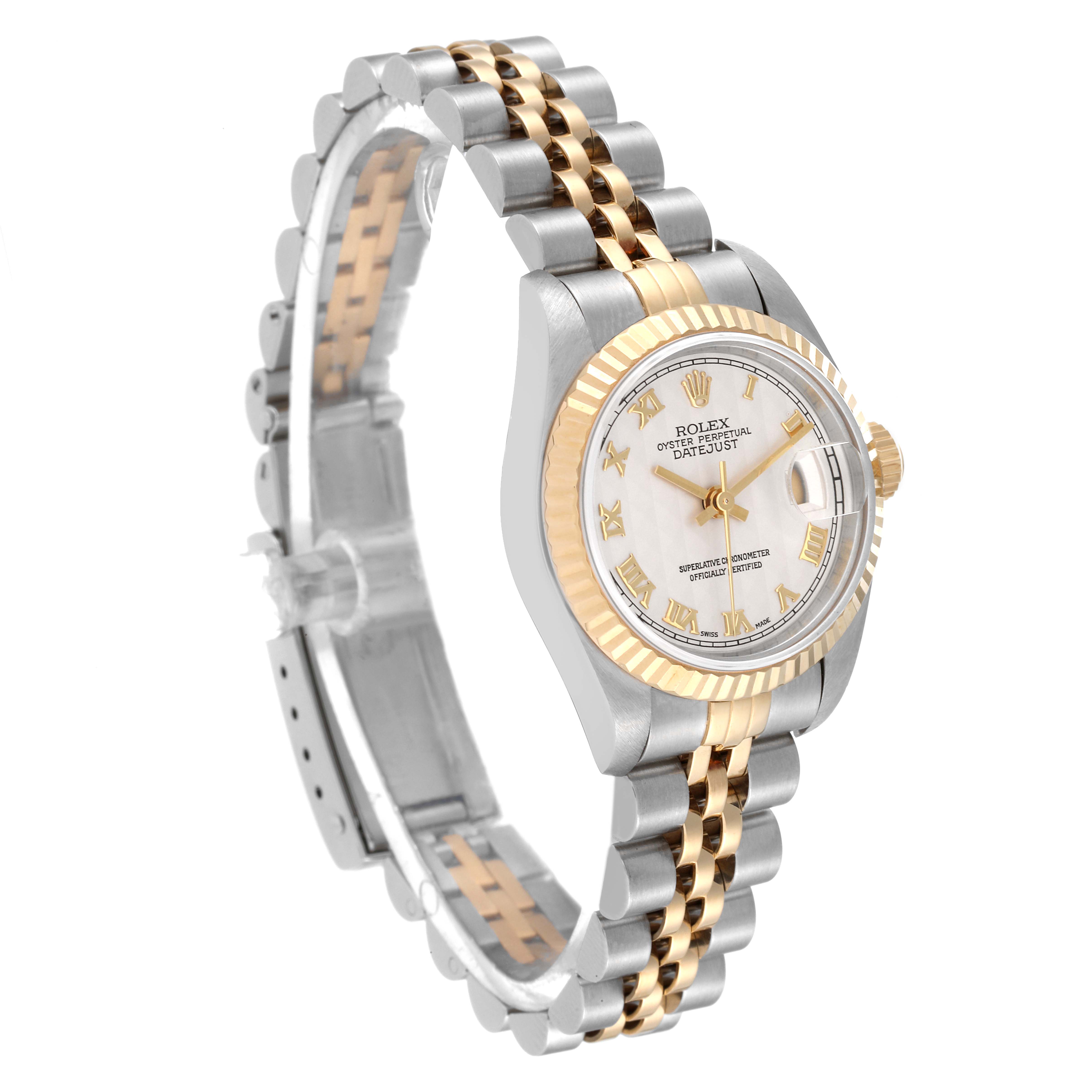 The Rolex Datejust 69173 Women's Steel and Gold (two tone) Beige Dial 69173 Women's Steel and Gold (two tone) Beige Dial watch is shown at a slight side angle, highlighting the face, bezel, and two-tone bracelet.
