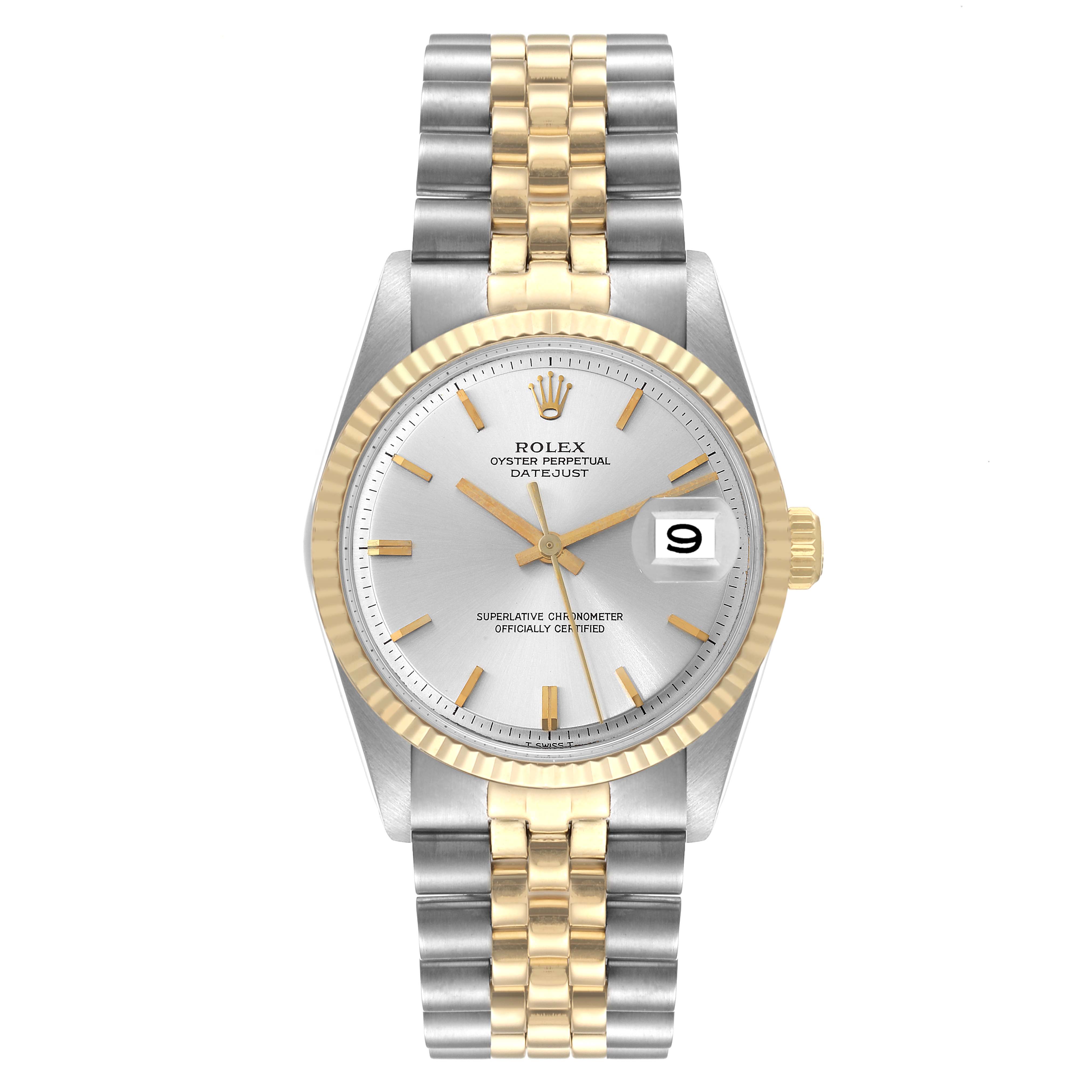 The Rolex Vintage Collection 1601 Men's Steel and Gold (two tone) Silver Dial 1601 Men's Steel and Gold (two tone) Silver Dial model shows a front view with a gold and silver strap, silver dial, date display, and gold bezel.