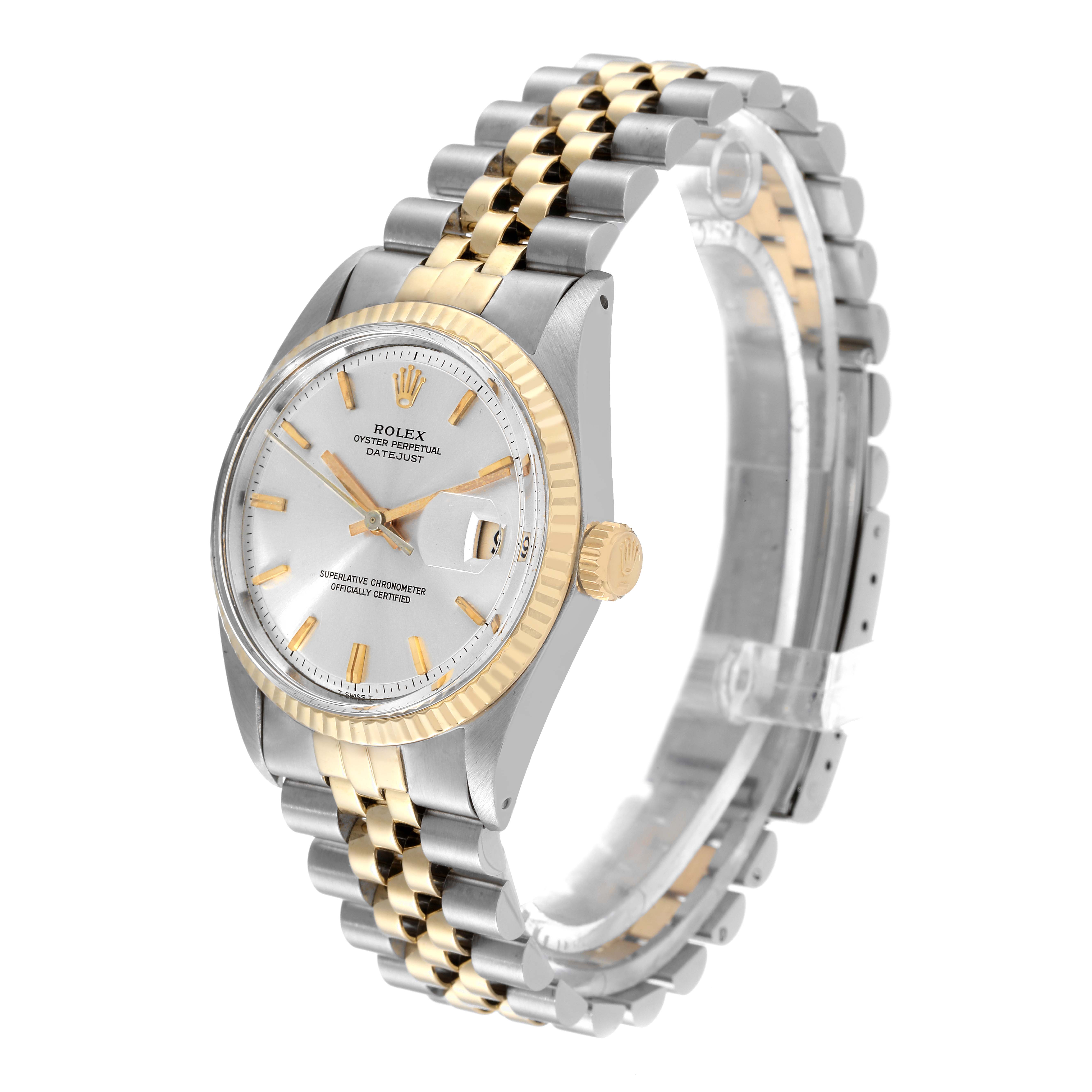 This image shows a Rolex Vintage Collection 1601 Men's Steel and Gold (two tone) Silver Dial 1601 Men's Steel and Gold (two tone) Silver Dial model in a three-quarter angle, highlighting the watch face, crown, and metal bracelet.