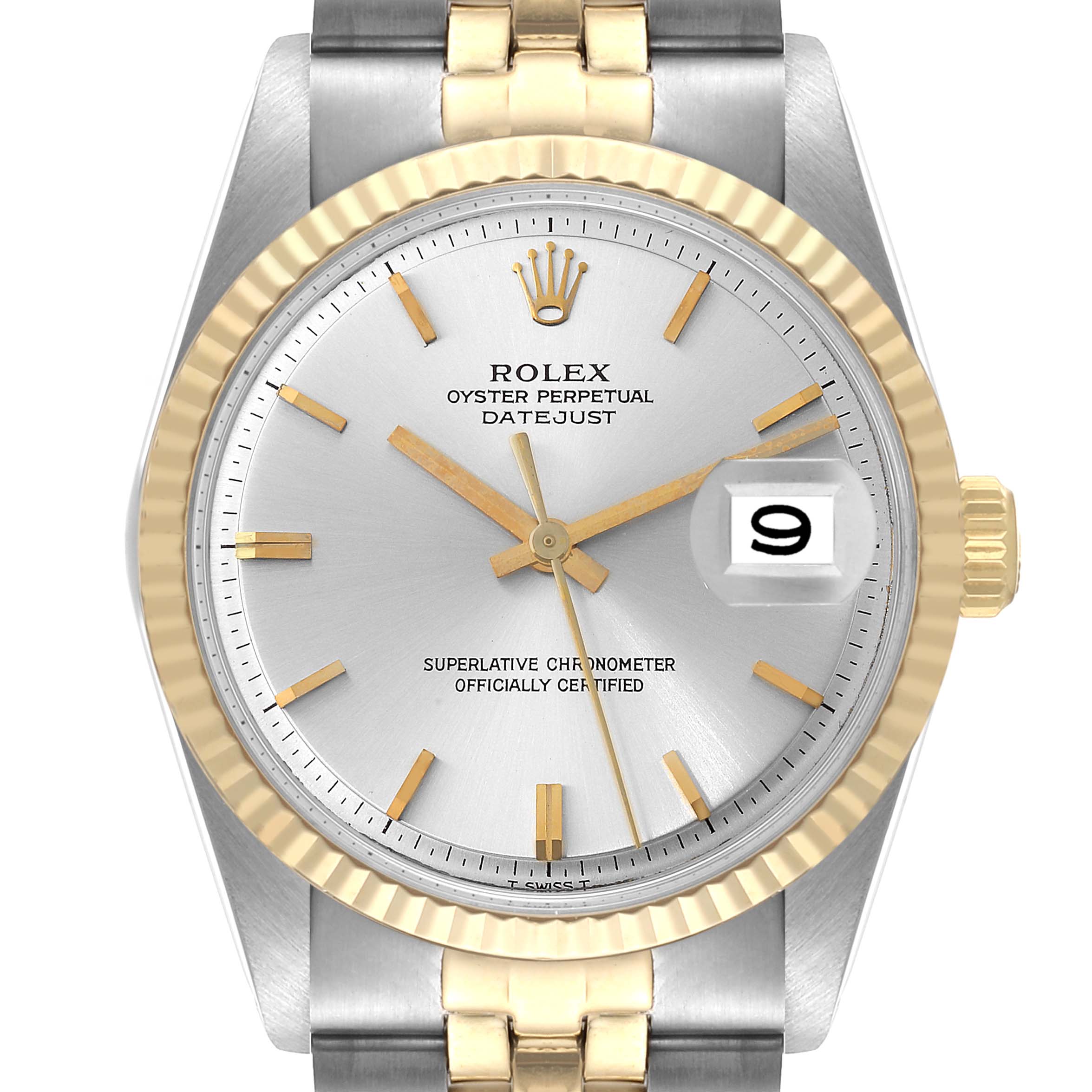The close-up image shows the face, bezel, and part of the band of the Vintage Collection Rolex Oyster Perpetual Datejust watch.