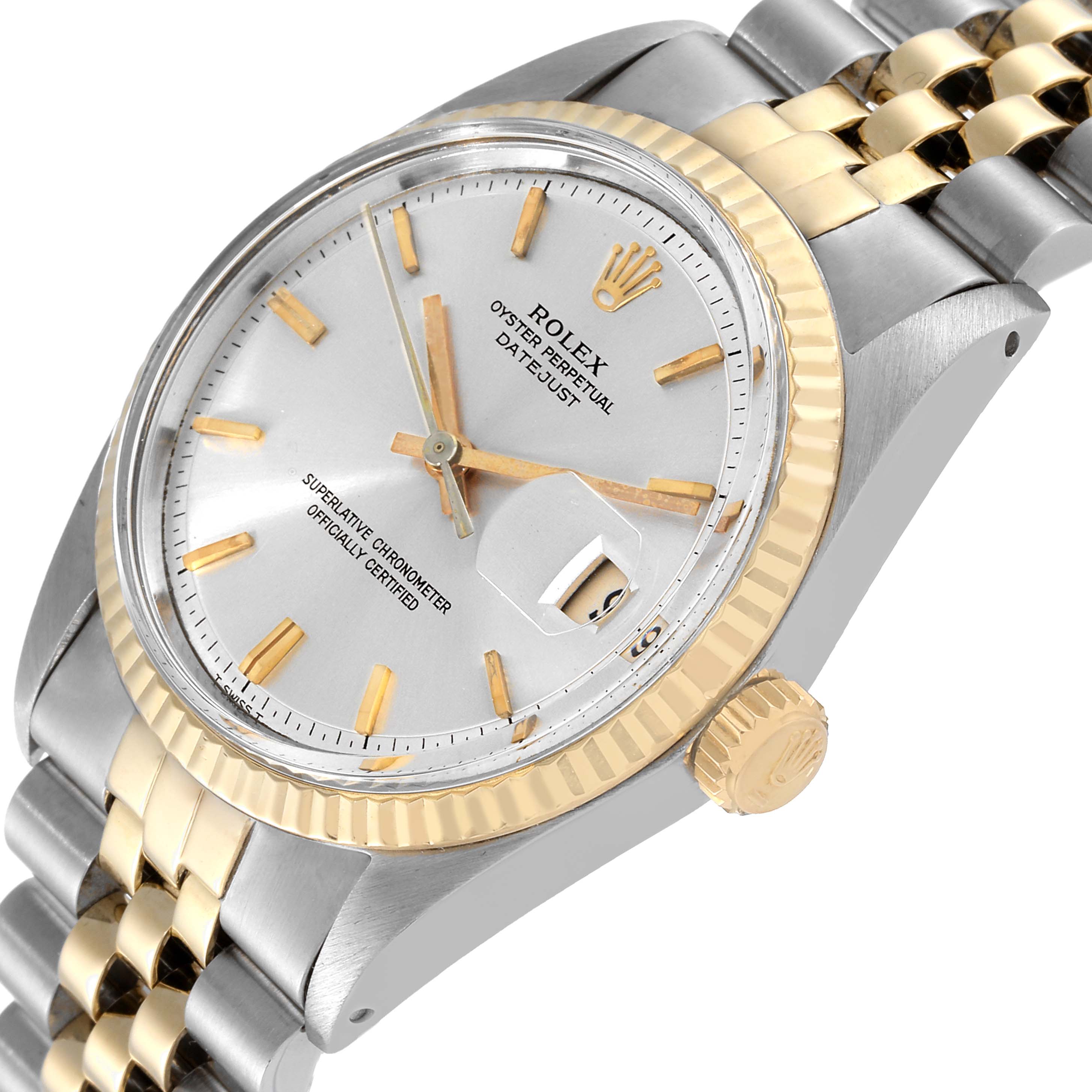 The image shows a Rolex Vintage Collection 1601 Men's Steel and Gold (two tone) Silver Dial 1601 Men's Steel and Gold (two tone) Silver Dial watch angled to display the dial, bezel, crown, and part of the bracelet.