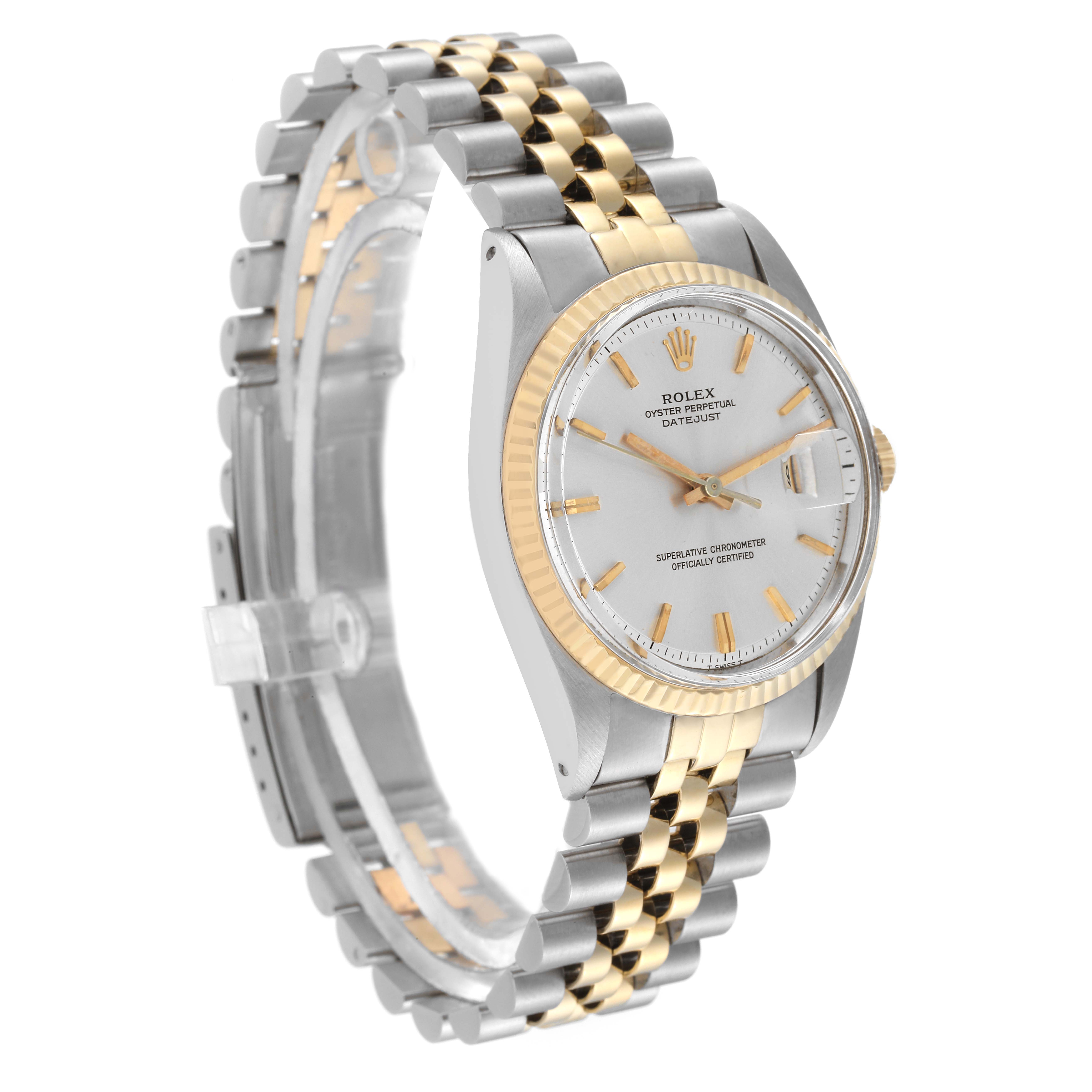 The Rolex Vintage Collection 1601 Men's Steel and Gold (two tone) Silver Dial 1601 Men's Steel and Gold (two tone) Silver Dial watch is shown from a front-side angle, displaying the face, bezel, crown, and two-tone bracelet.
