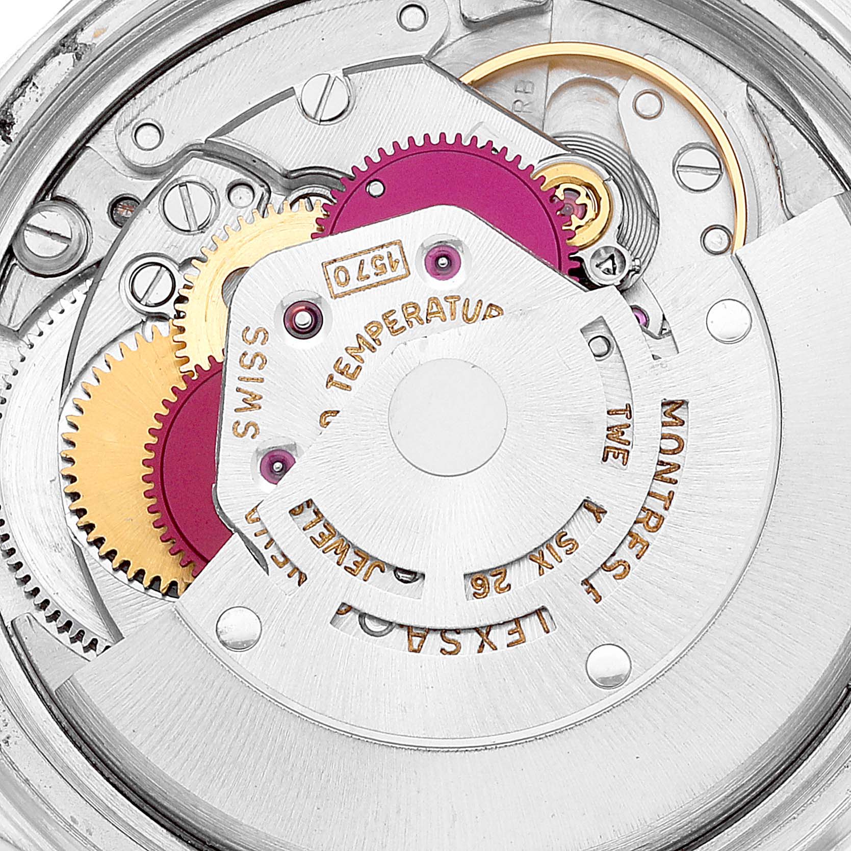This image shows the intricate inner mechanisms of a Rolex Vintage Collection 1601 Men's Steel and Gold (two tone) Silver Dial 1601 Men's Steel and Gold (two tone) Silver Dial watch from a top-down angle.