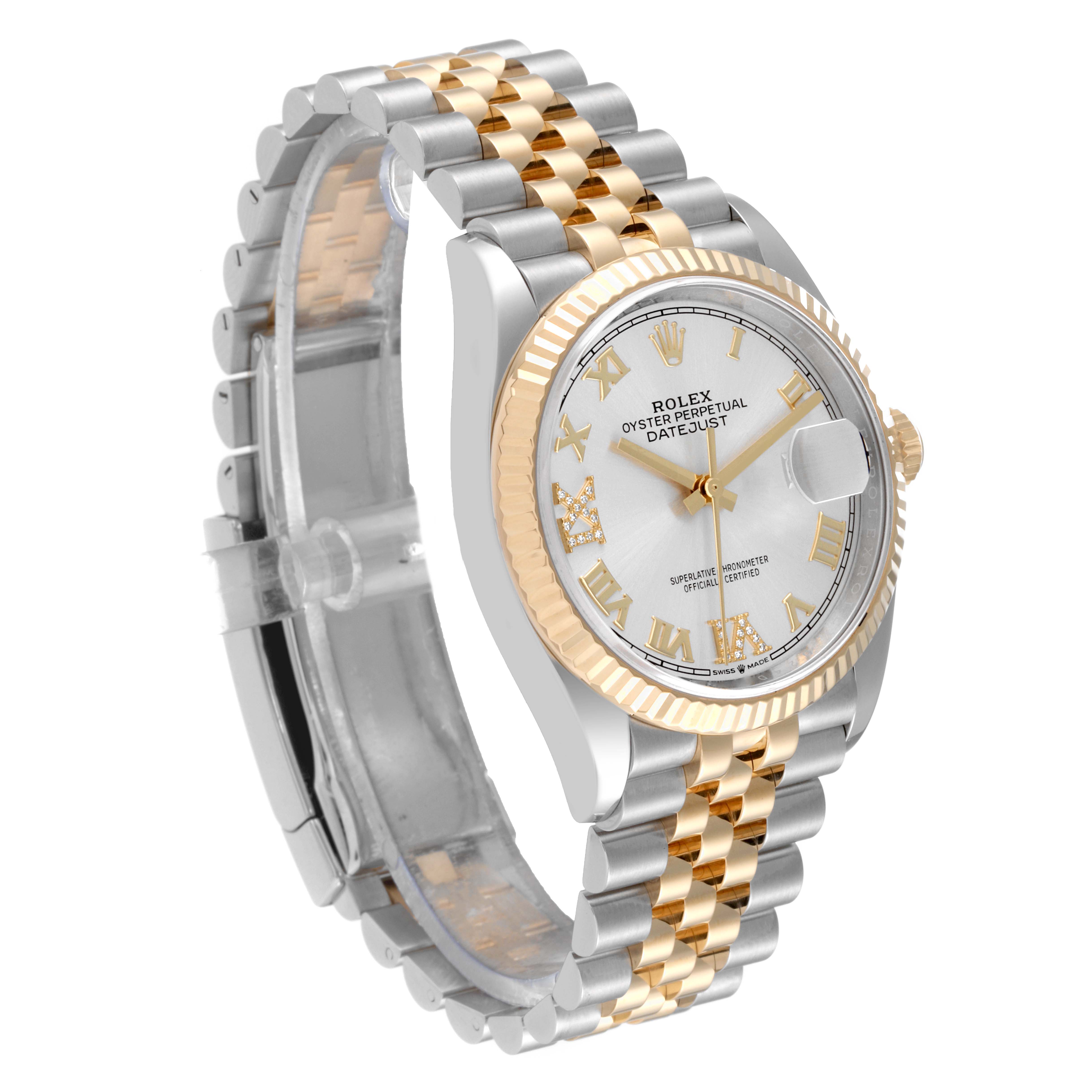 The image shows a Rolex Datejust 126233 Men's Steel and Gold (two tone) Silver Dial 126233 Men's Steel and Gold (two tone) Silver Dial watch at an angle displaying the dial, bezel, and jubilee bracelet.