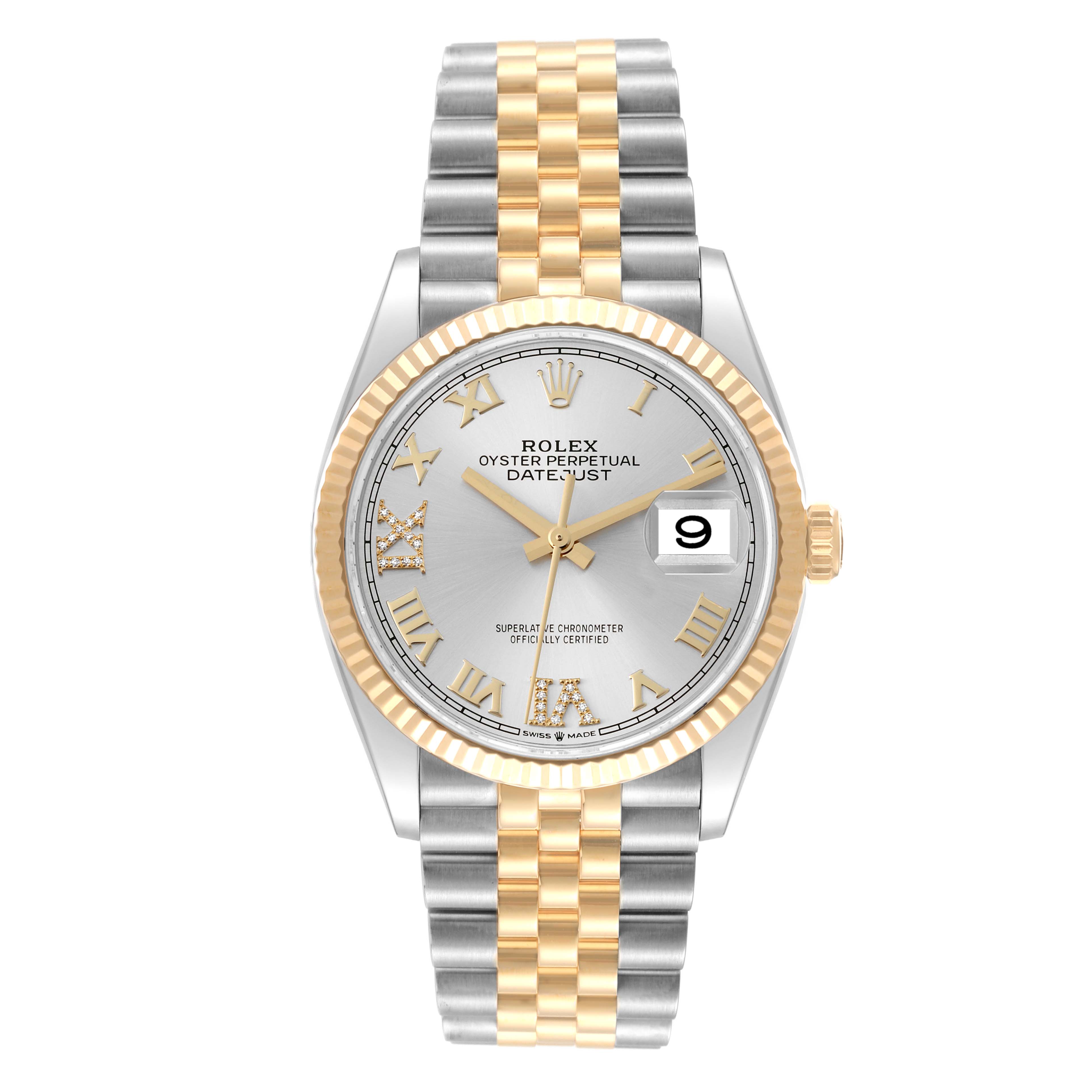 The image shows a front view of a Rolex Datejust 126233 Men's Steel and Gold (two tone) Silver Dial 126233 Men's Steel and Gold (two tone) Silver Dial watch, featuring a two-tone metal bracelet, fluted bezel, and date window at 3 o'clock.