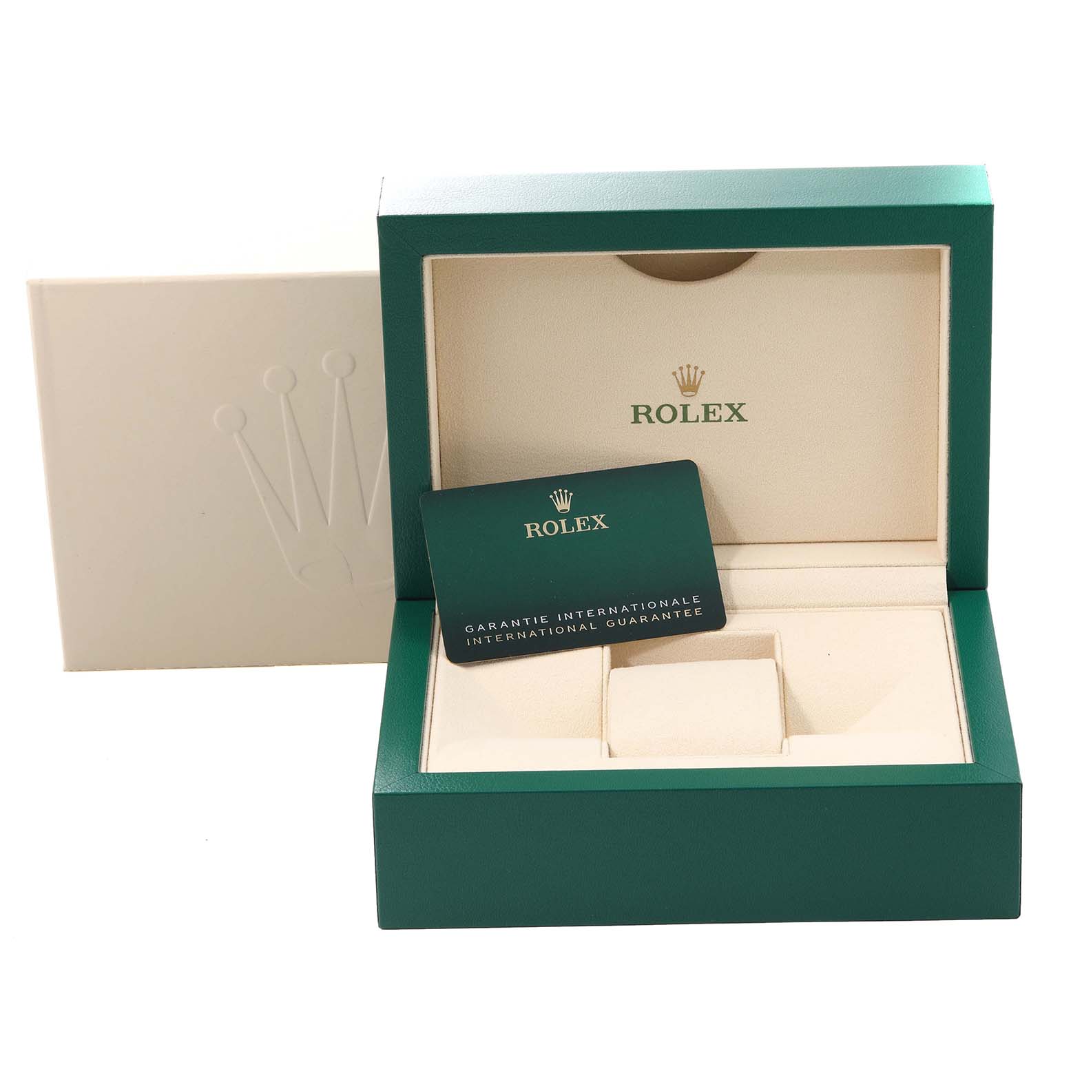 The image shows the open packaging and international guarantee card for a Rolex Datejust 126233 Men's Steel and Gold (two tone) Silver Dial 126233 Men's Steel and Gold (two tone) Silver Dial watch.