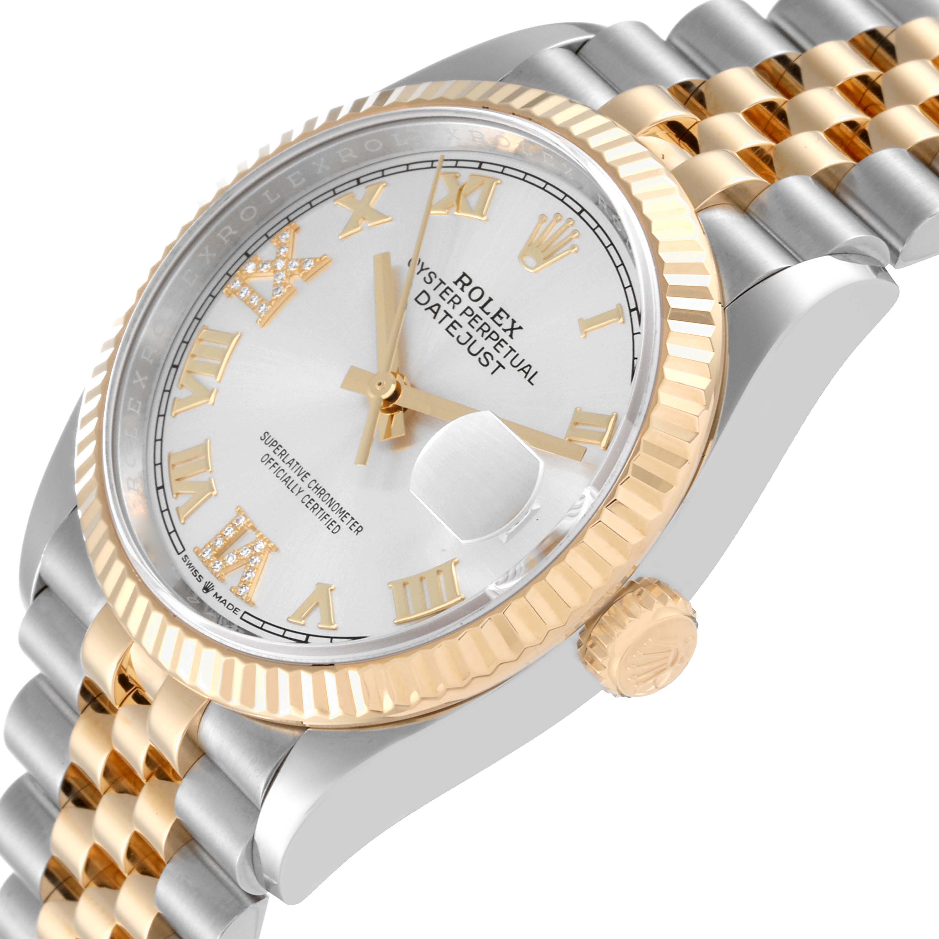 This image shows a Rolex Datejust 126233 Men's Steel and Gold (two tone) Silver Dial 126233 Men's Steel and Gold (two tone) Silver Dial watch angled to display its dial, bezel, date magnifier, and bracelet.