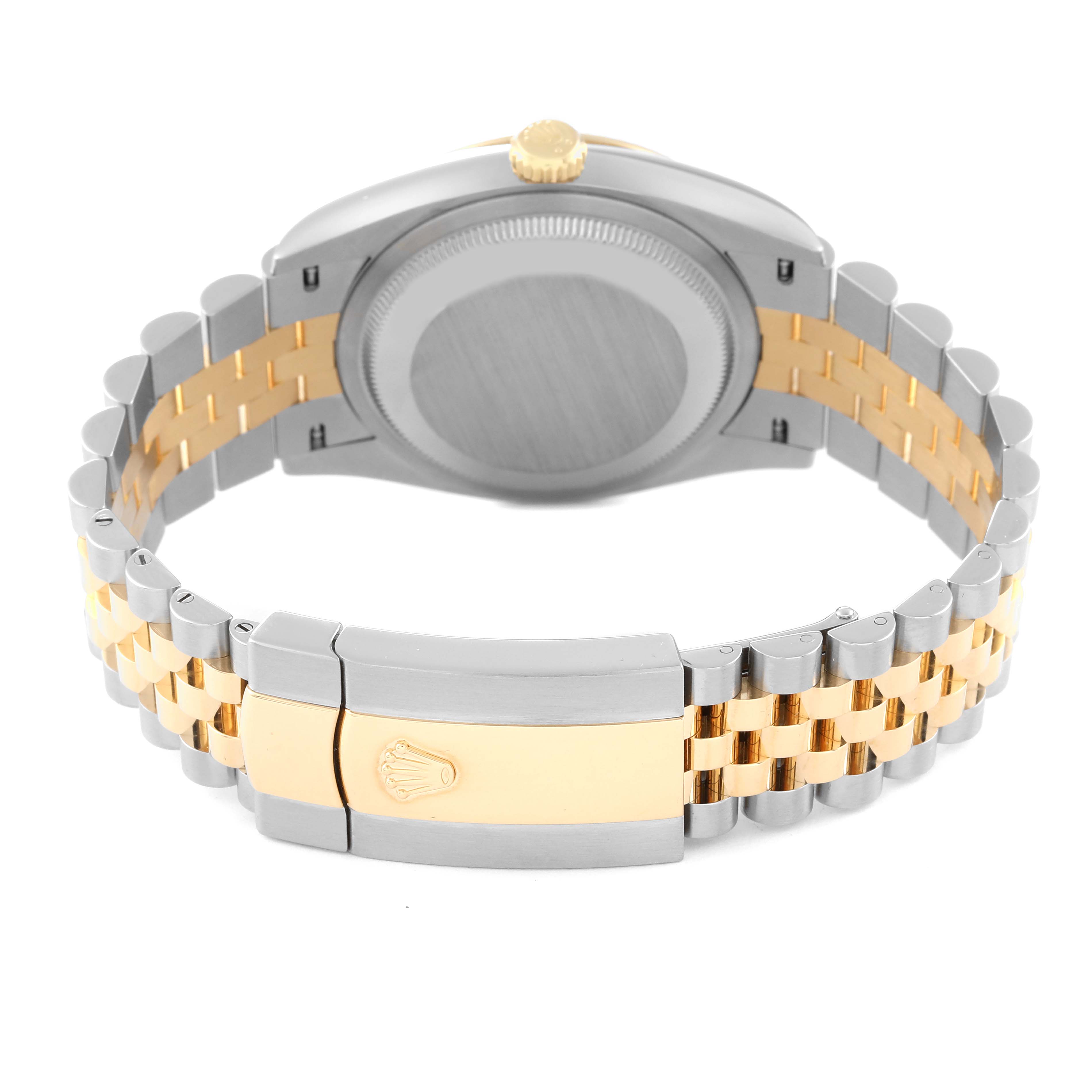 This image shows the back view of a Rolex Datejust 126233 Men's Steel and Gold (two tone) Silver Dial 126233 Men's Steel and Gold (two tone) Silver Dial watch, highlighting its clasp and jubilee bracelet.