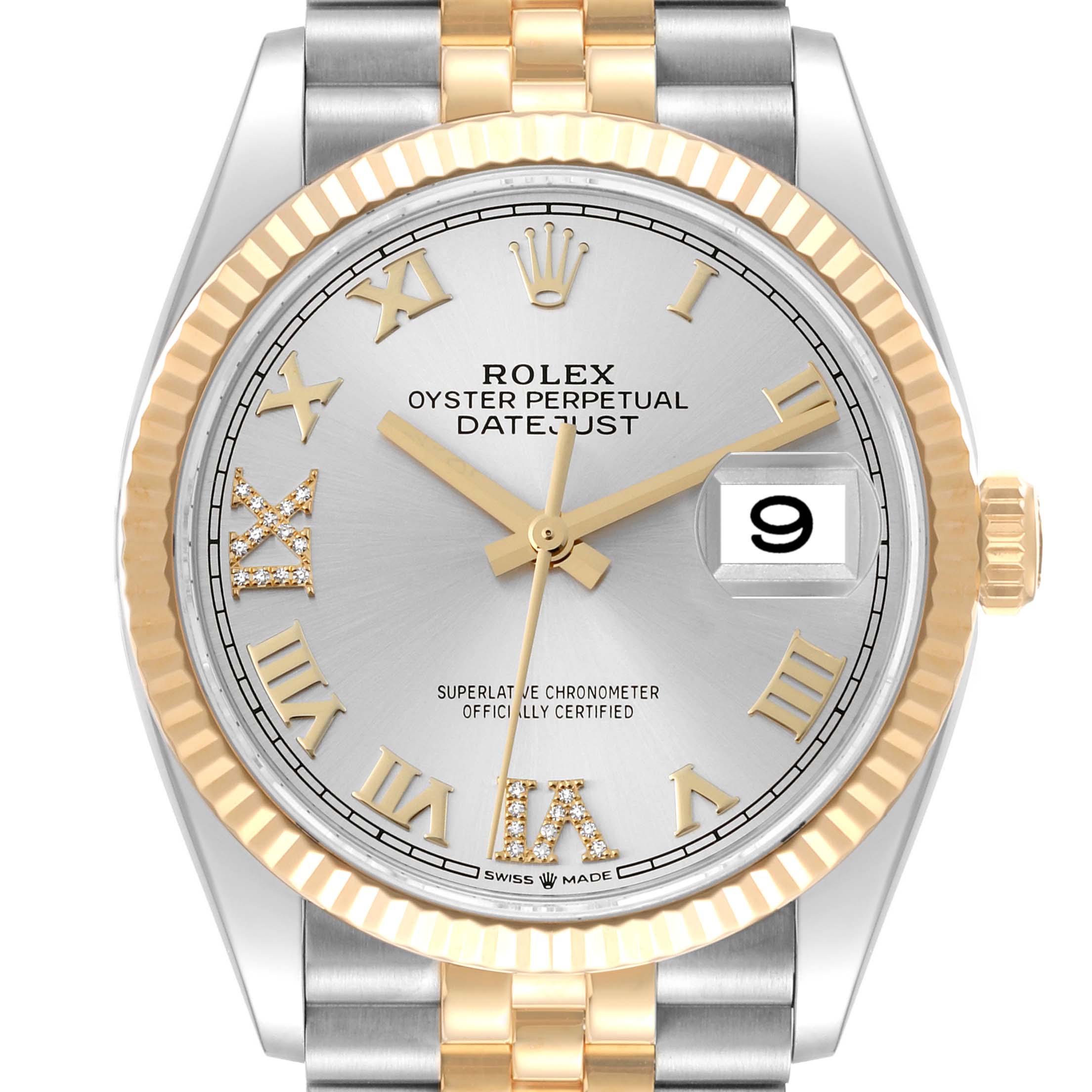 The image shows a close-up of the Rolex Datejust 126233 Men's Steel and Gold (two tone) Silver Dial 126233 Men's Steel and Gold (two tone) Silver Dial watch's face, bezel, crown, and partial bracelet.