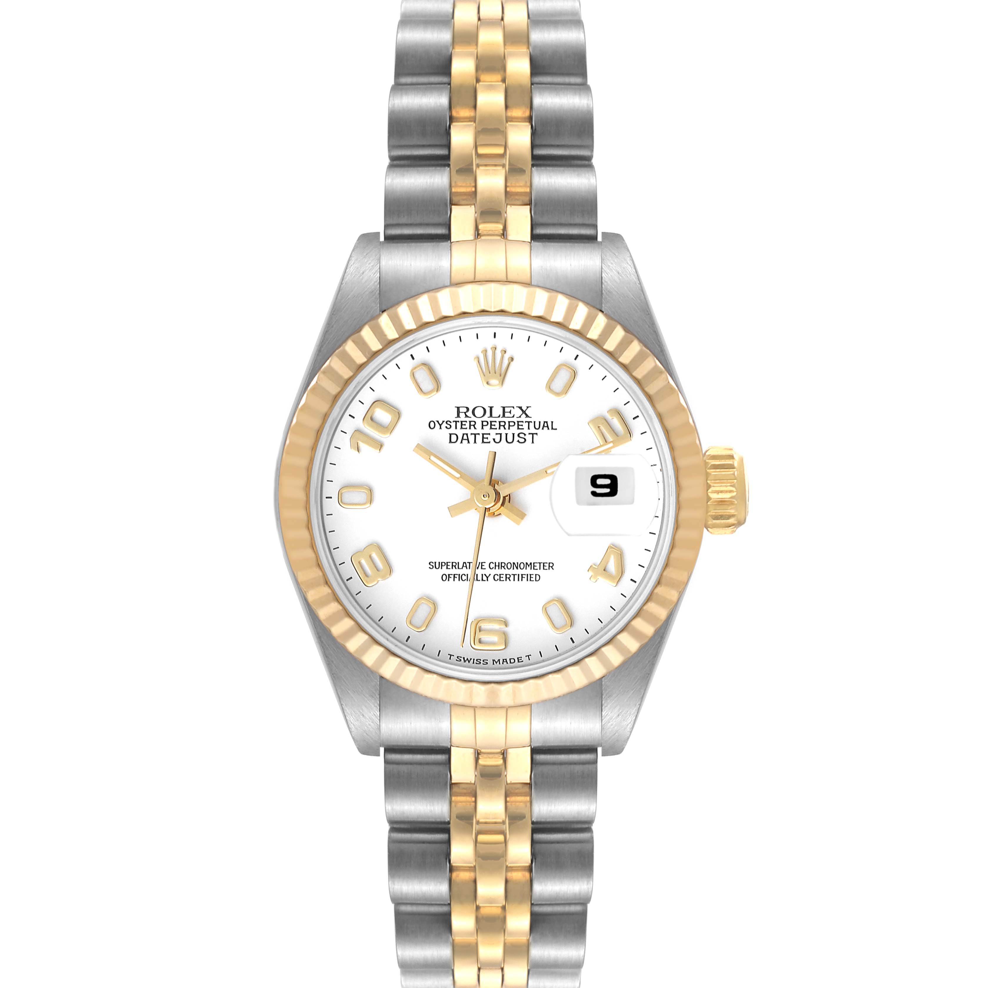The Rolex Datejust 69173 Women's Steel and Gold (two tone) White Dial 69173 Women's Steel and Gold (two tone) White Dial watch is shown from a top-down angle, displaying the watch face, bezel, and band.