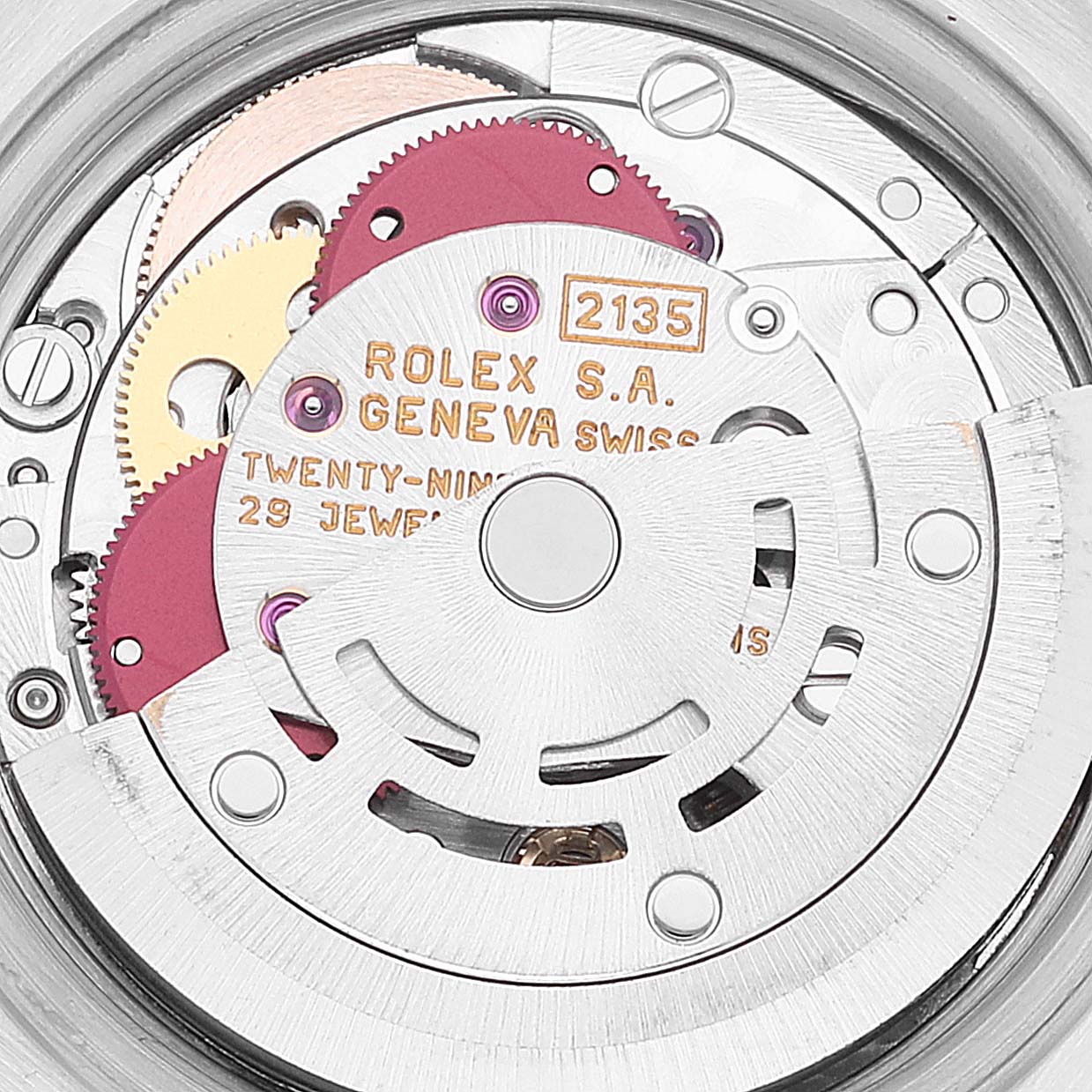 The image shows an internal view of the Rolex Datejust 69173 Women's Steel and Gold (two tone) White Dial 69173 Women's Steel and Gold (two tone) White Dial watch, highlighting its mechanical movement parts.