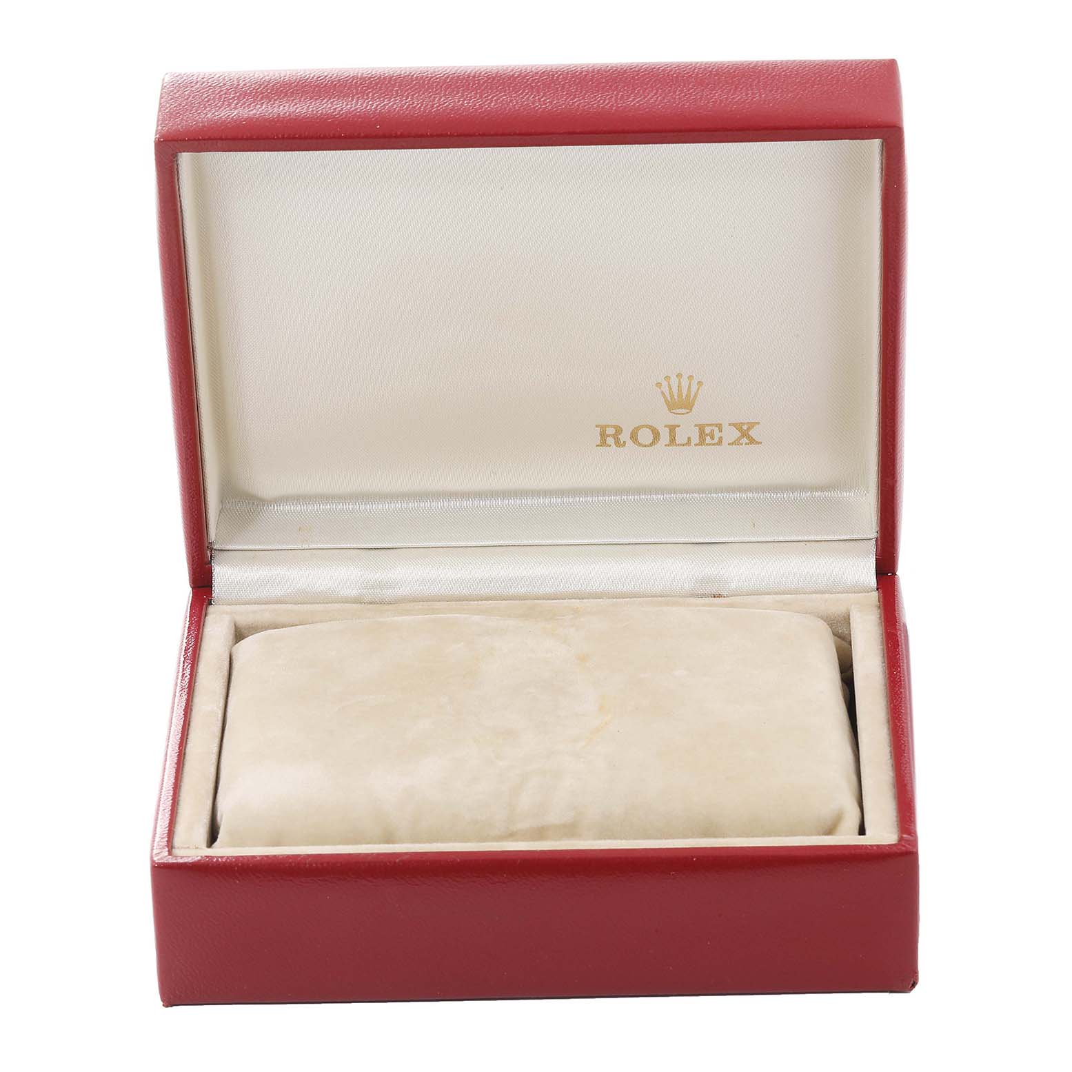 The image shows an open red Rolex box, presumably for the Datejust model, displaying its interior.
