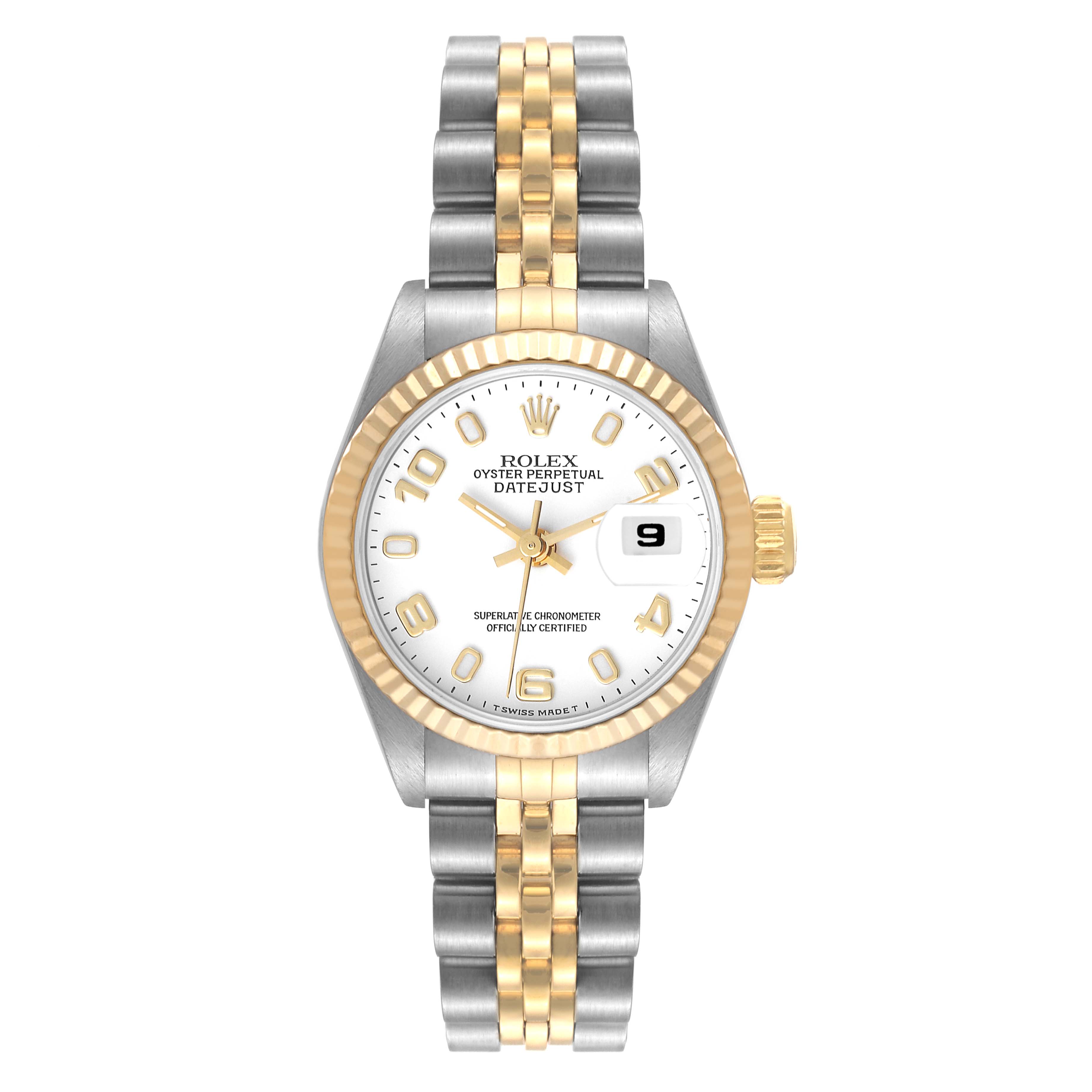 The image shows a front view of a Rolex Datejust 69173 Women's Steel and Gold (two tone) White Dial 69173 Women's Steel and Gold (two tone) White Dial watch, displaying its dial, bezel, and bracelet.