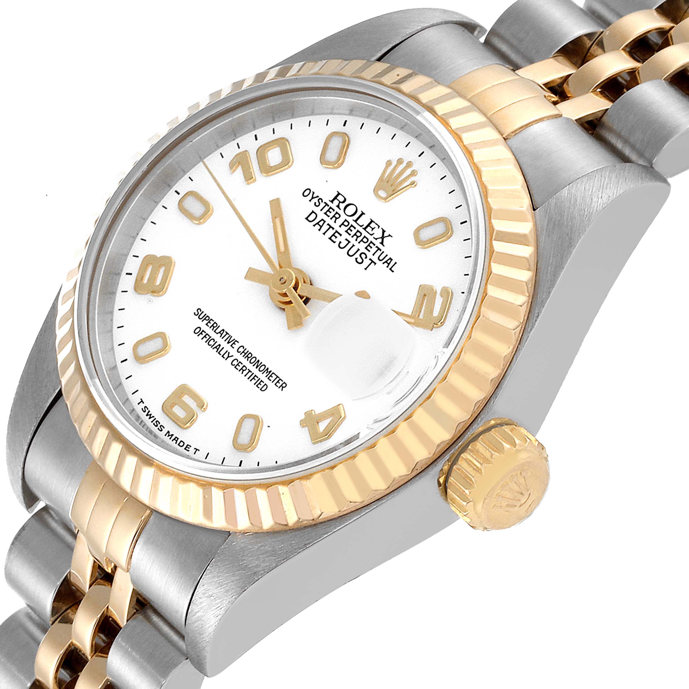 This image shows a close-up of the Rolex Datejust 69173 Women's Steel and Gold (two tone) White Dial 69173 Women's Steel and Gold (two tone) White Dial watch, highlighting the dial, bezel, crown, and bracelet.
