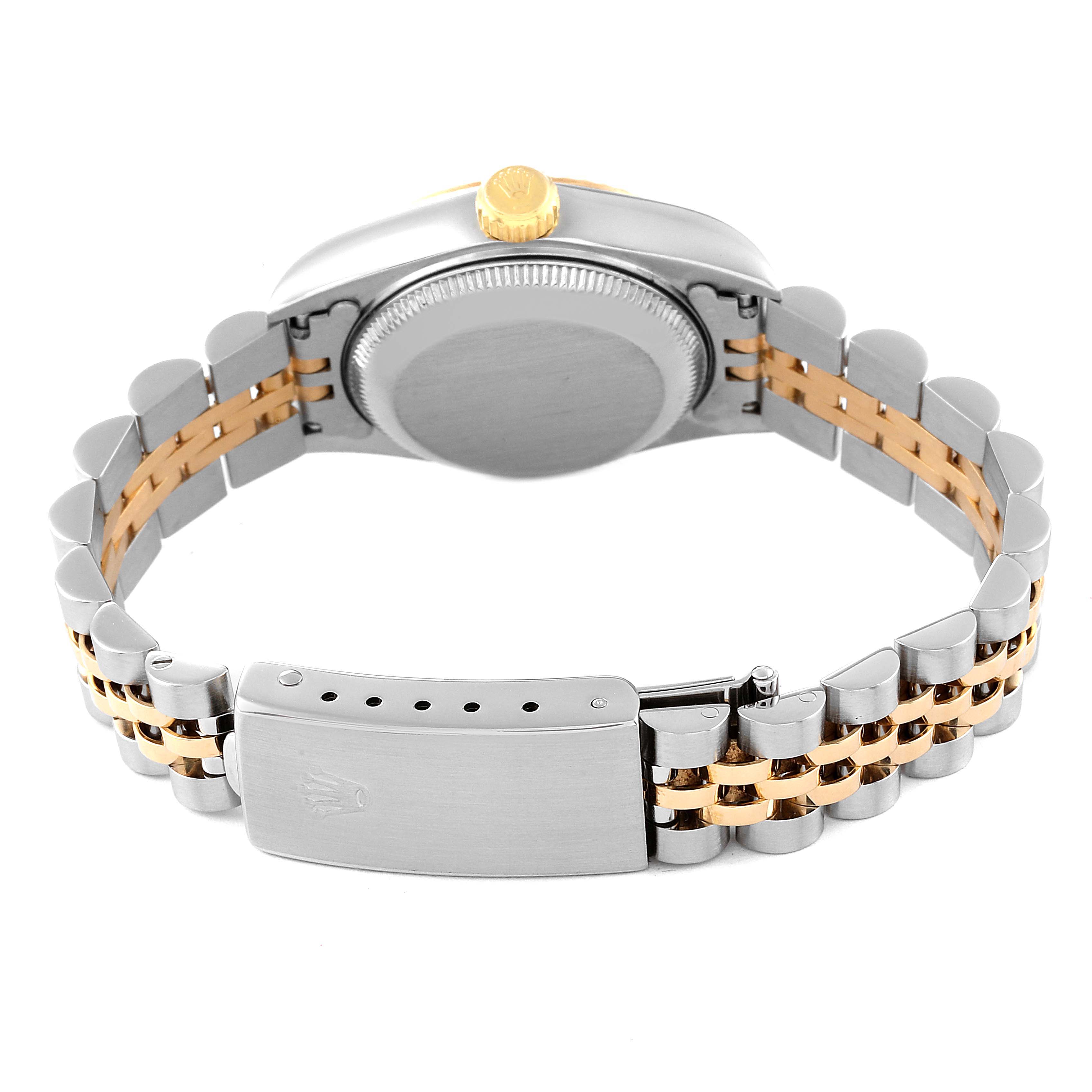 The image shows the back of the Rolex Datejust 69173 Women's Steel and Gold (two tone) White Dial 69173 Women's Steel and Gold (two tone) White Dial watch, featuring the bracelet, clasp, and case back.