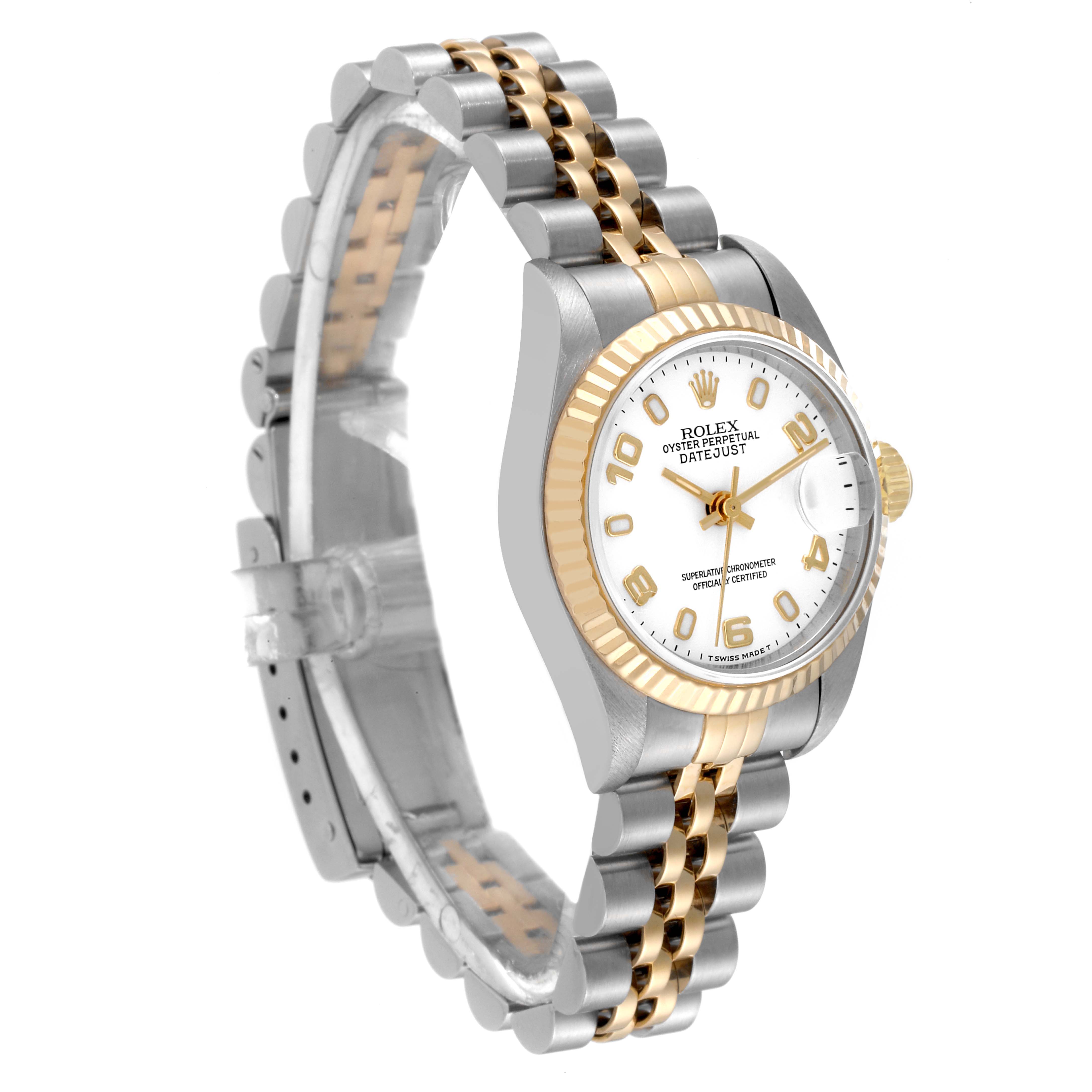 The Rolex Datejust 69173 Women's Steel and Gold (two tone) White Dial 69173 Women's Steel and Gold (two tone) White Dial watch is angled diagonally, showing the face, bezel, and two-tone bracelet.