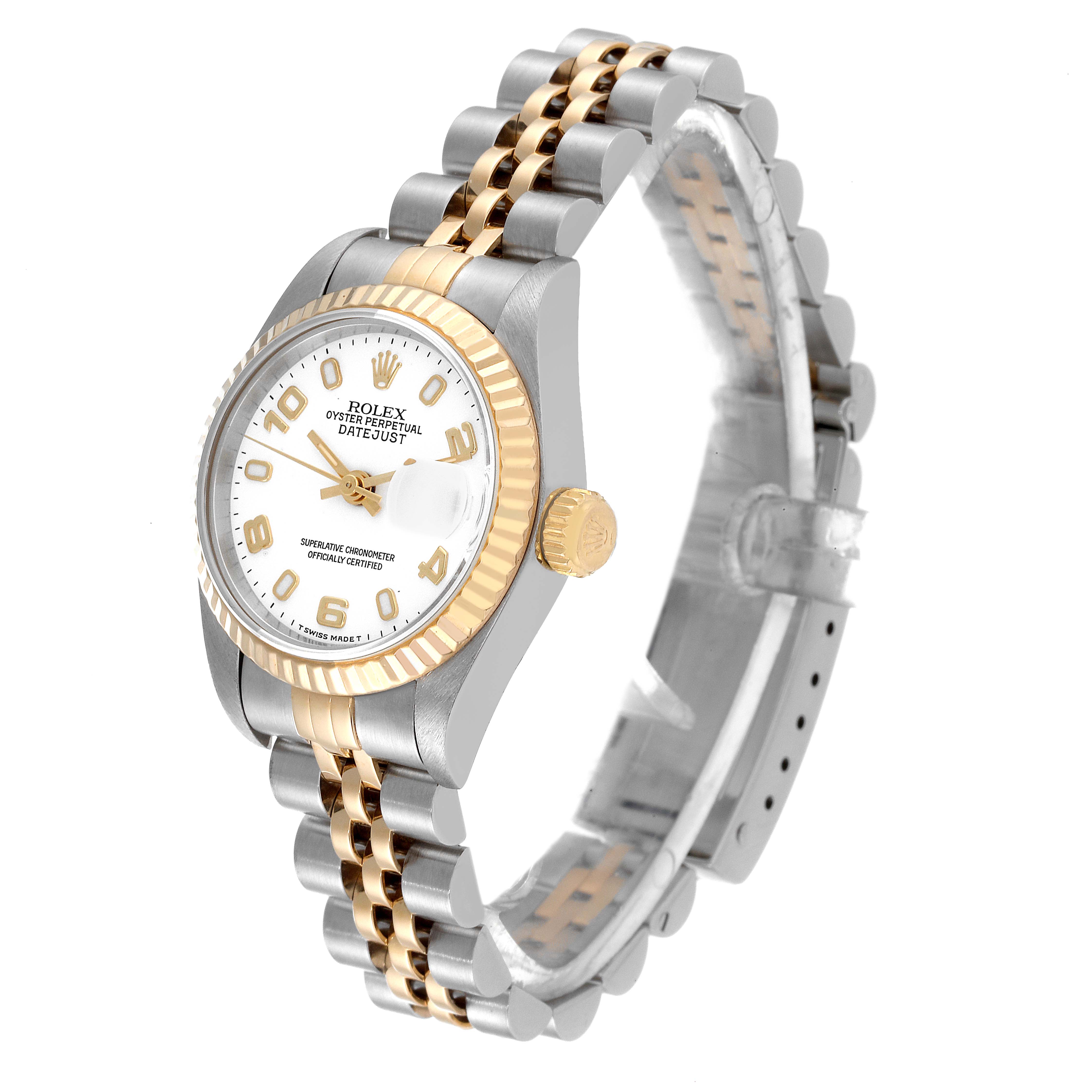 This image shows a side angle of a Rolex Datejust 69173 Women's Steel and Gold (two tone) White Dial 69173 Women's Steel and Gold (two tone) White Dial watch, featuring its bezel, dial, crown, and two-tone bracelet.