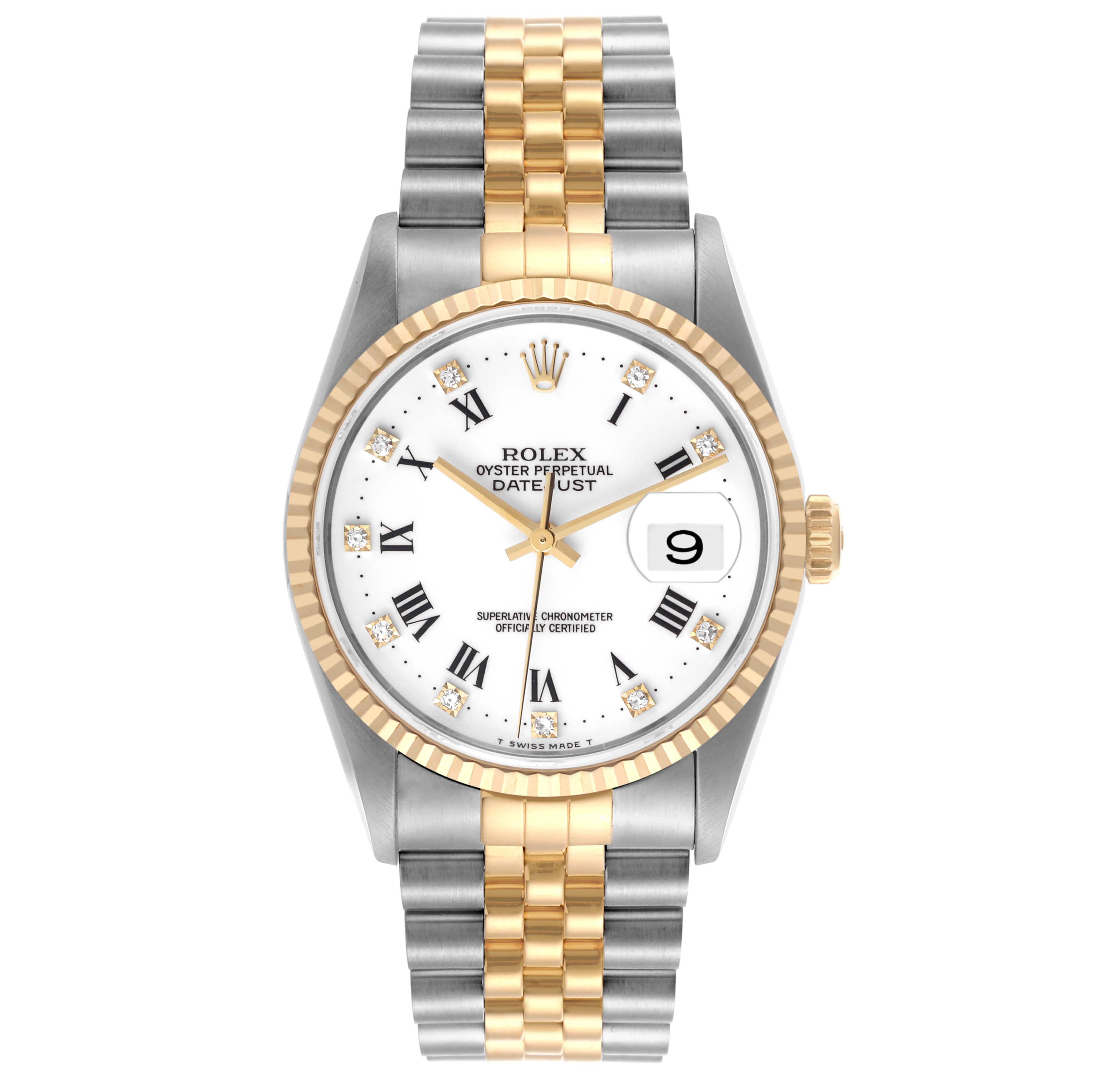 The Rolex Datejust 16233 Men's Steel and Gold (two tone) White Dial 16233 Men's Steel and Gold (two tone) White Dial watch is shown from a front angle, displaying the dial, bezel, crown, and two-tone bracelet.