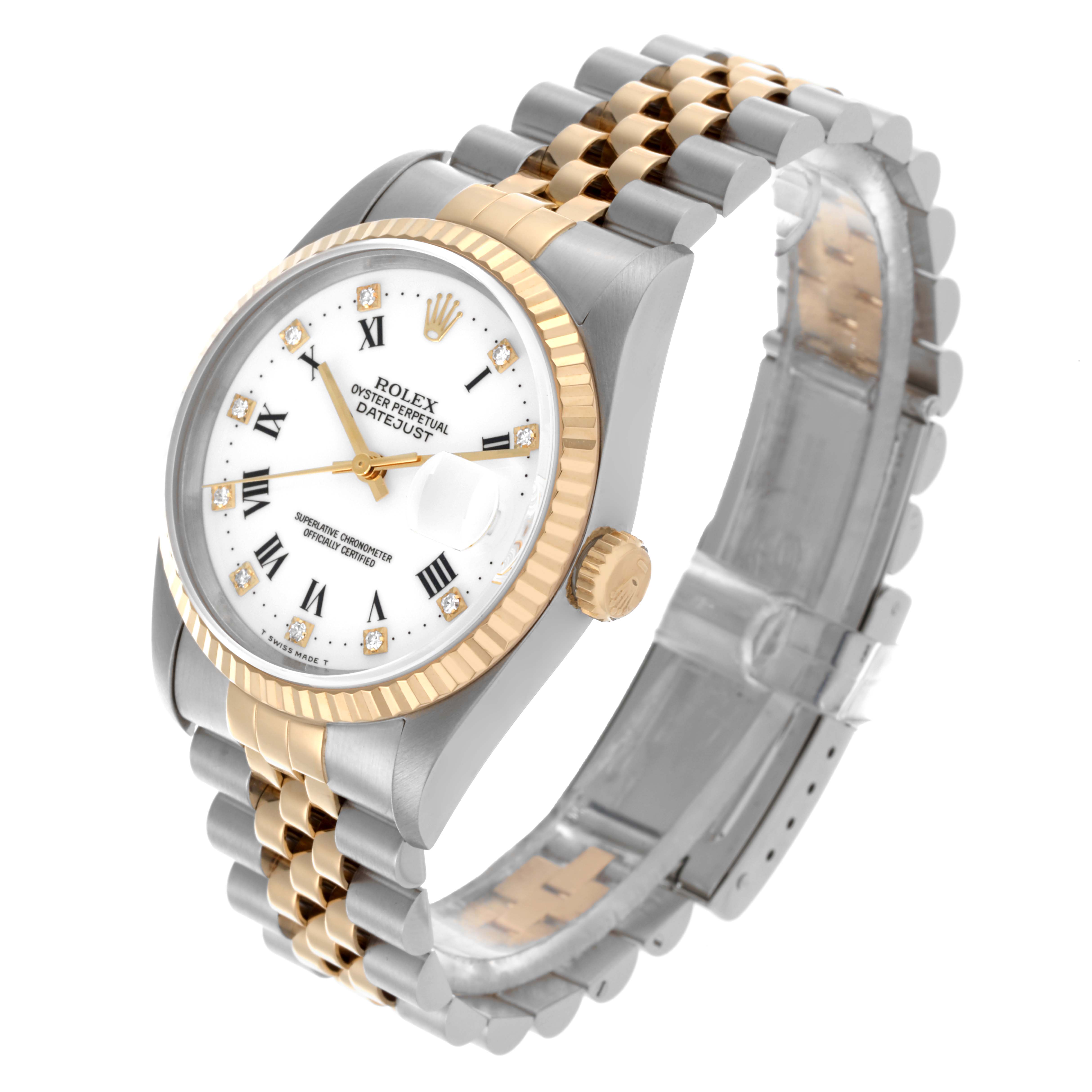 The Rolex Datejust 16233 Men's Steel and Gold (two tone) White Dial 16233 Men's Steel and Gold (two tone) White Dial watch is shown at an angled top view, highlighting the dial, bezel, case, bracelet, and crown.