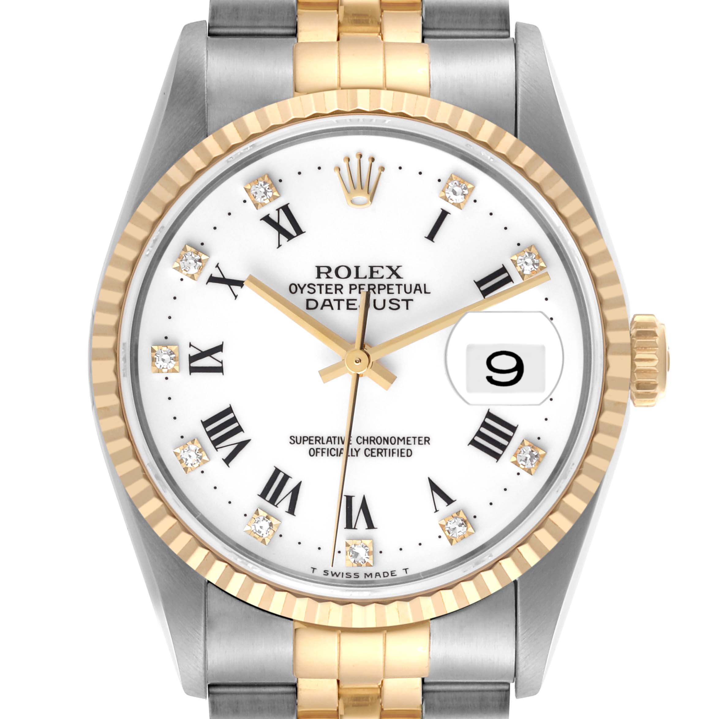 The Rolex Datejust 16233 Men's Steel and Gold (two tone) White Dial 16233 Men's Steel and Gold (two tone) White Dial watch is shown from the front, highlighting the dial, bezel, crown, and part of the bracelet.