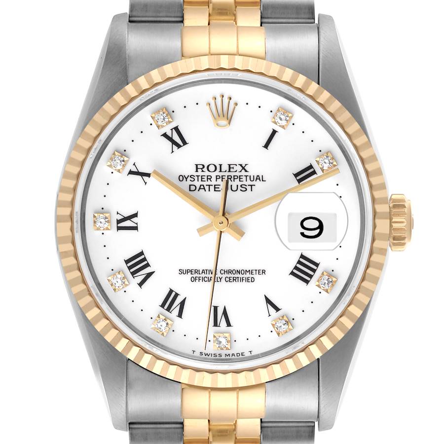 The Rolex Datejust watch is shown from the front, highlighting the dial, bezel, crown, and part of the bracelet.