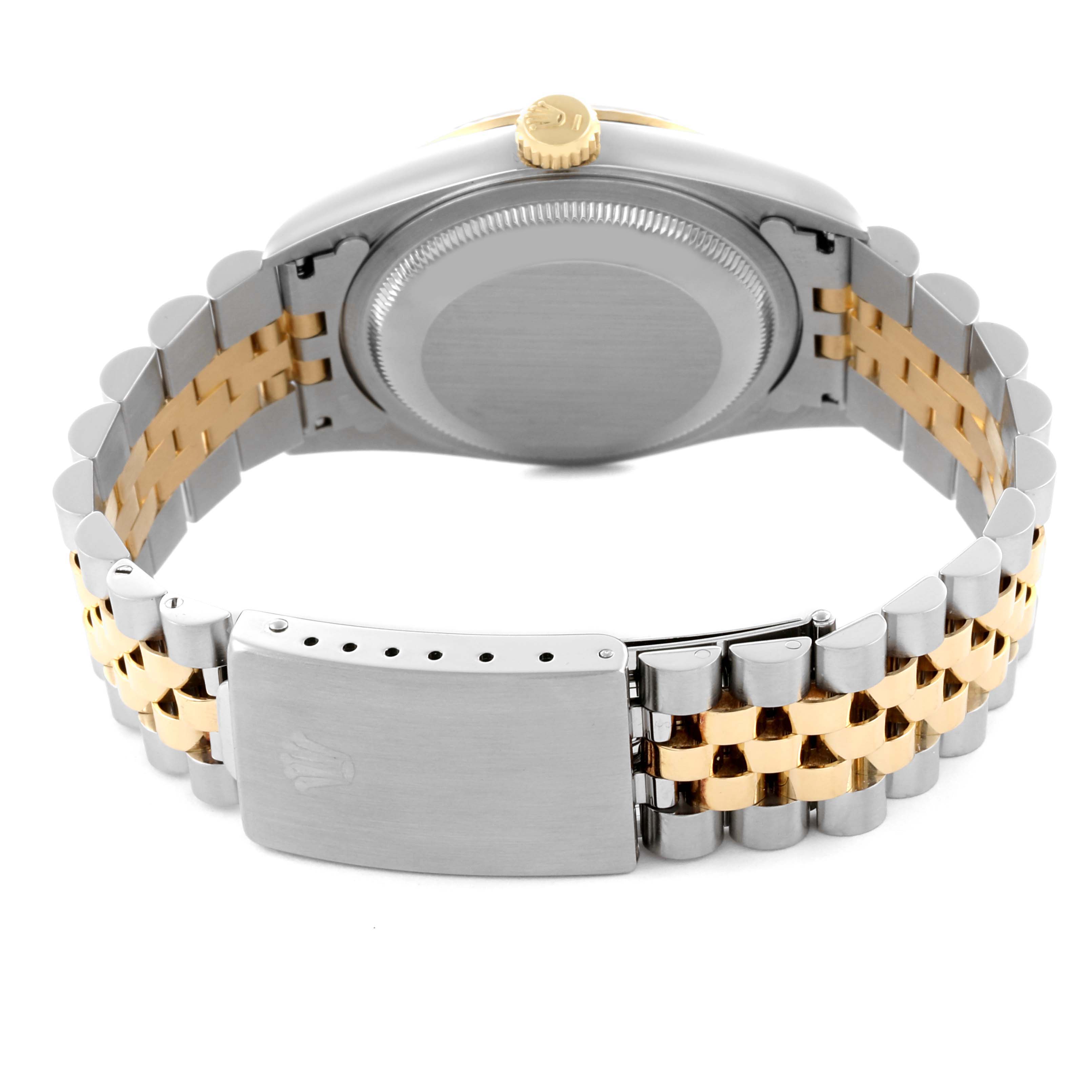 The image shows the back of a Rolex Datejust 16233 Men's Steel and Gold (two tone) White Dial 16233 Men's Steel and Gold (two tone) White Dial watch, highlighting the clasp and two-tone Jubilee bracelet.