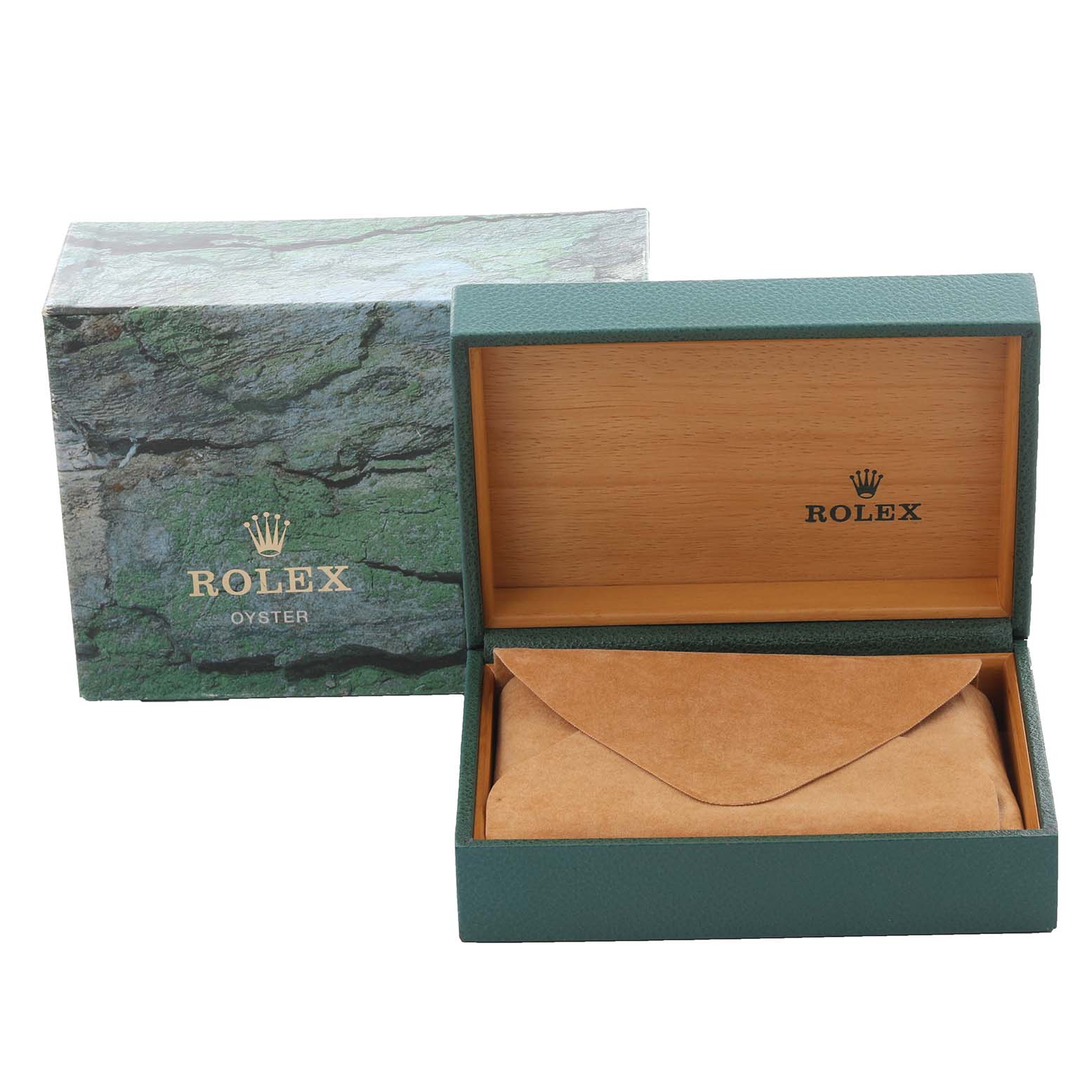This image shows the packaging for a Rolex Datejust 16233 Men's Steel and Gold (two tone) White Dial 16233 Men's Steel and Gold (two tone) White Dial, featuring an open box with a protective pouch inside.