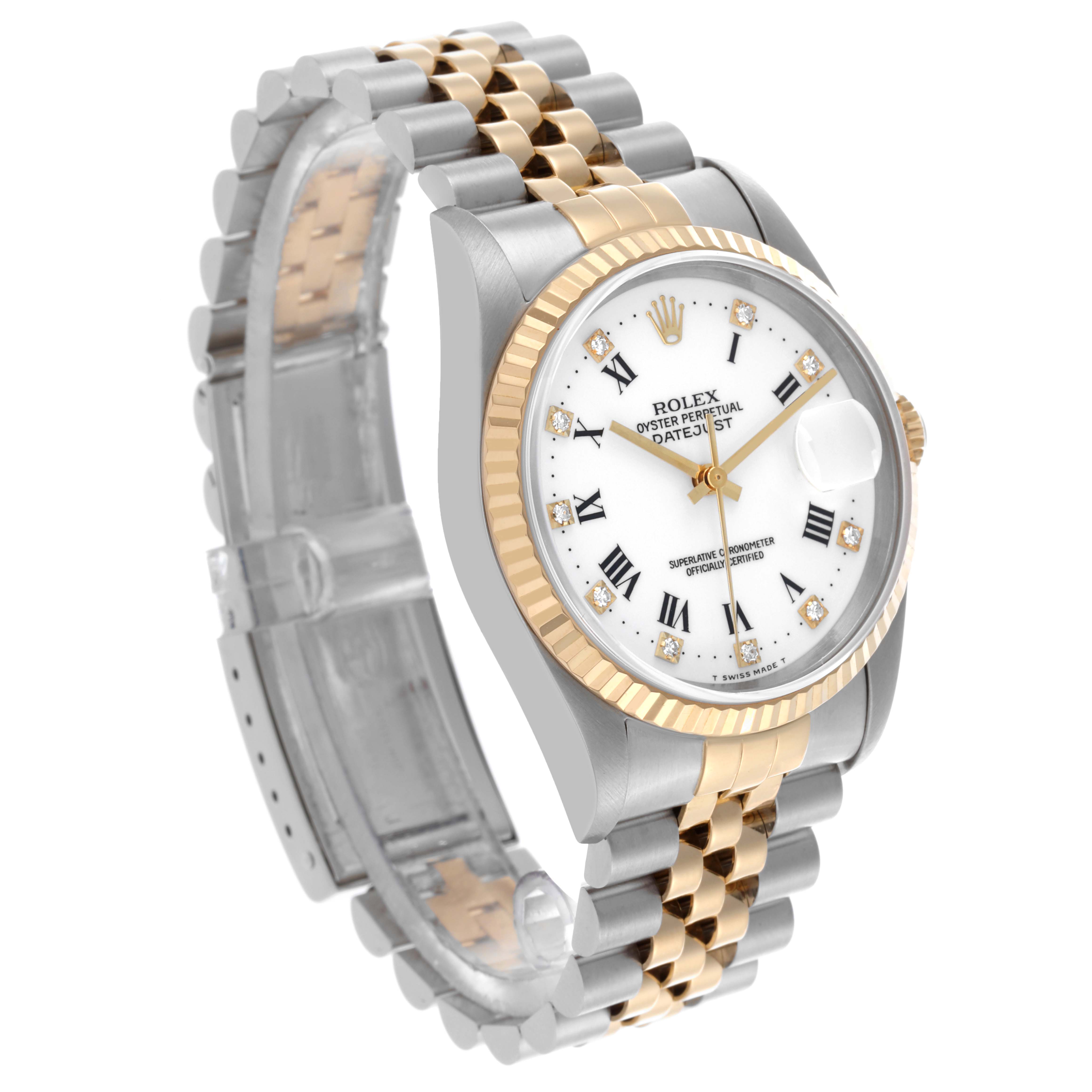 The Rolex Datejust 16233 Men's Steel and Gold (two tone) White Dial 16233 Men's Steel and Gold (two tone) White Dial watch is shown at an angled side view, displaying the dial, bezel, and part of the bracelet.